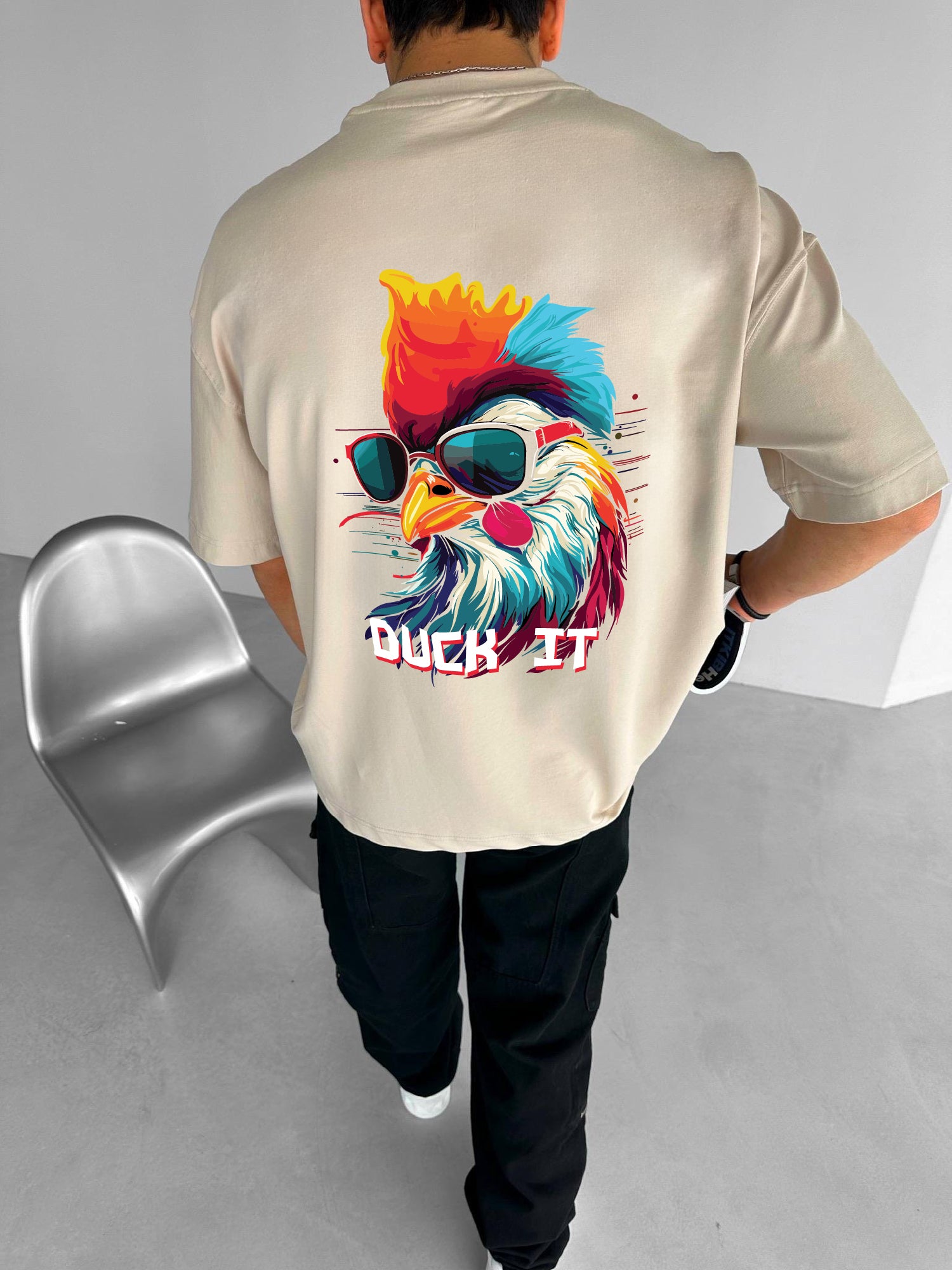 Beige "Duck it" Printed Over size T-Shirt