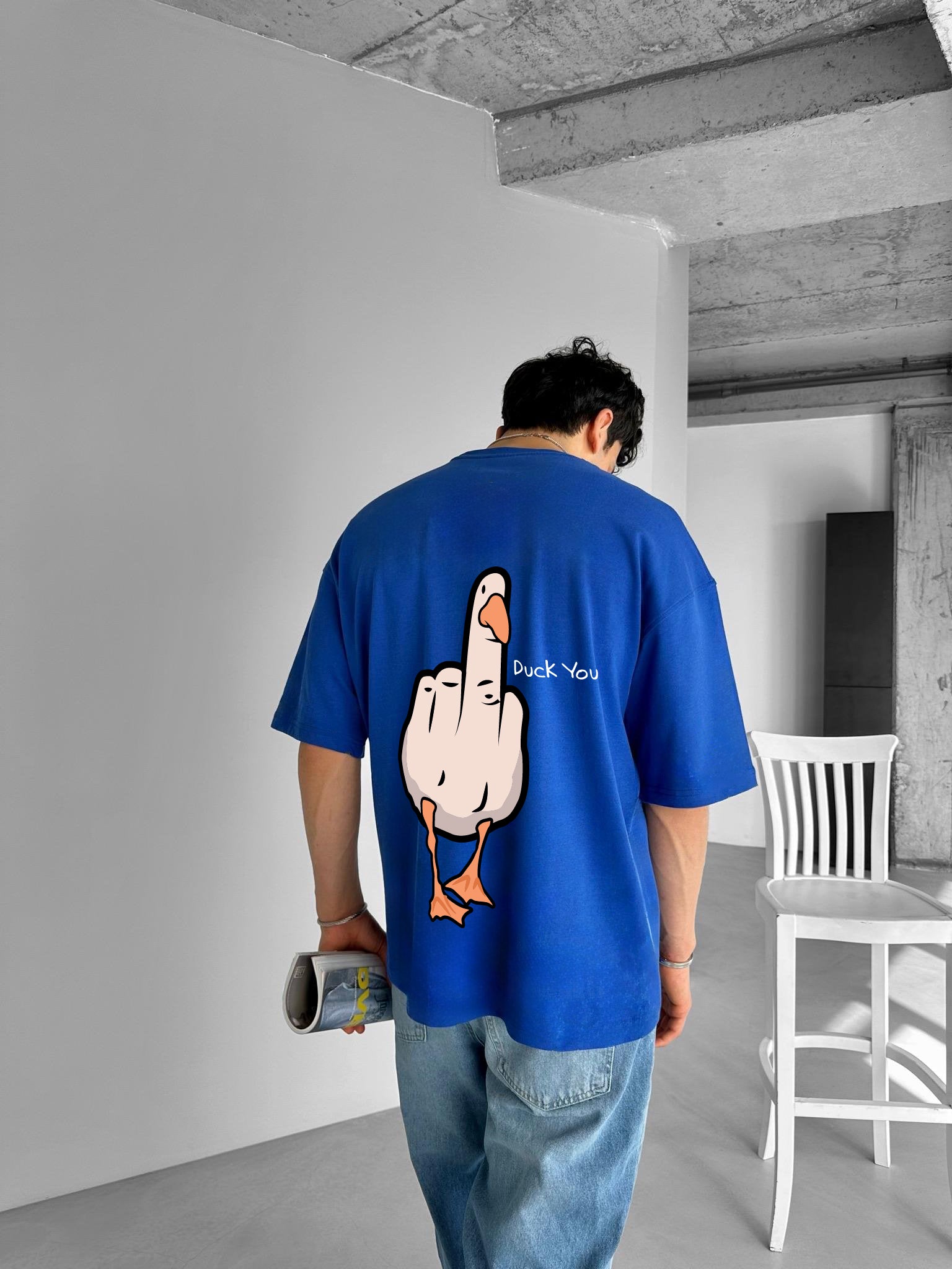 Blue "Duck You" Printed Over size T-Shirt