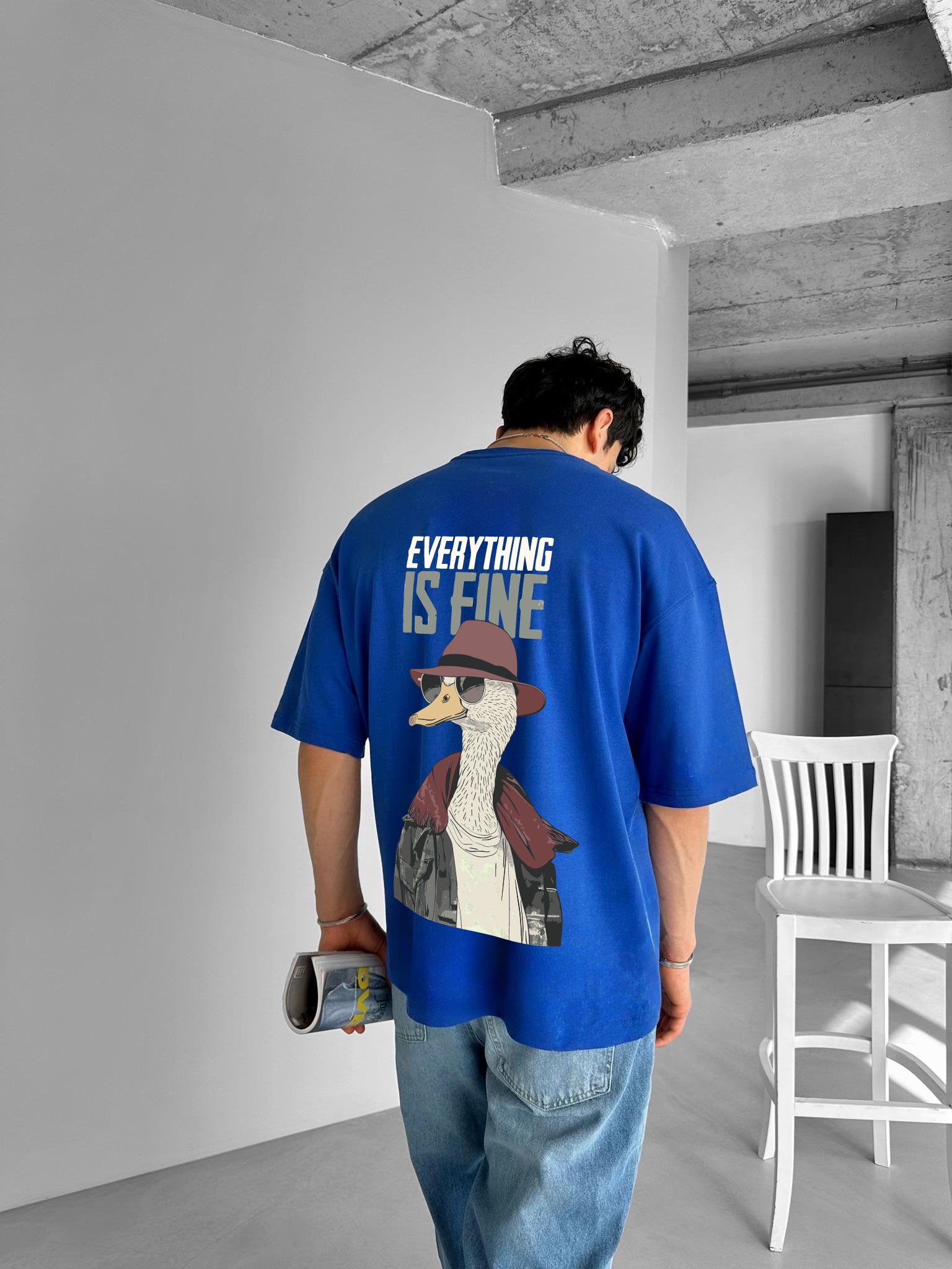 Blue "Fine" Printed Over size T-Shirt