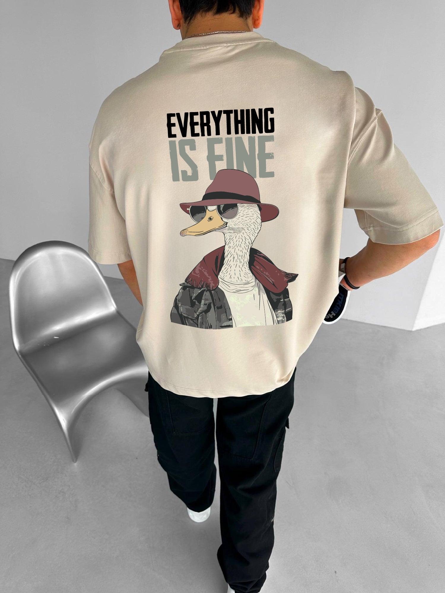 Beige "Fine" Printed Over size T-Shirt