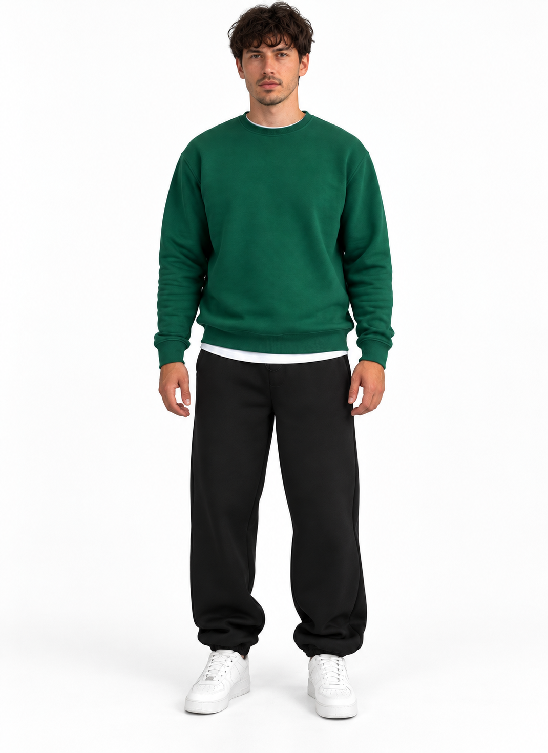 Dark Green Oversize Black Crew Neck Basic Sweatshirt
