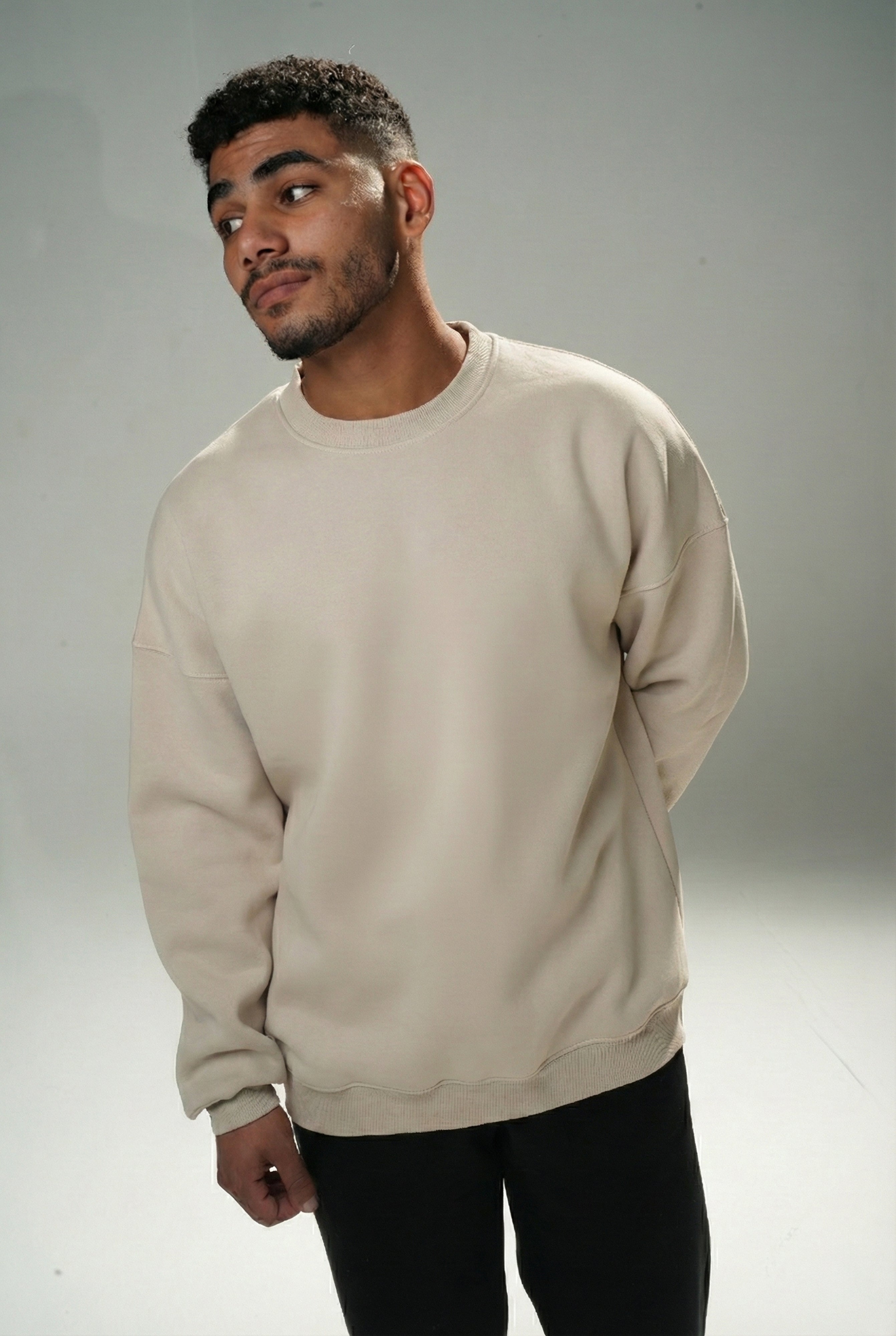 Oversize Beige Crew Neck Basic Sweatshirt