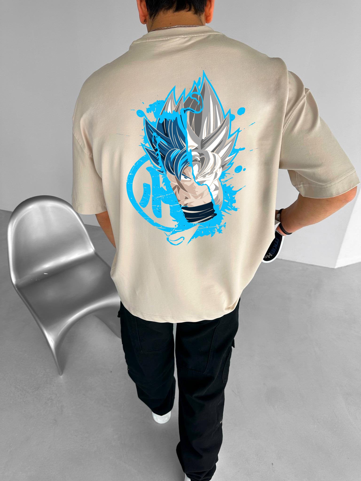 Beige "Goku" Printed Over size T-Shirt
