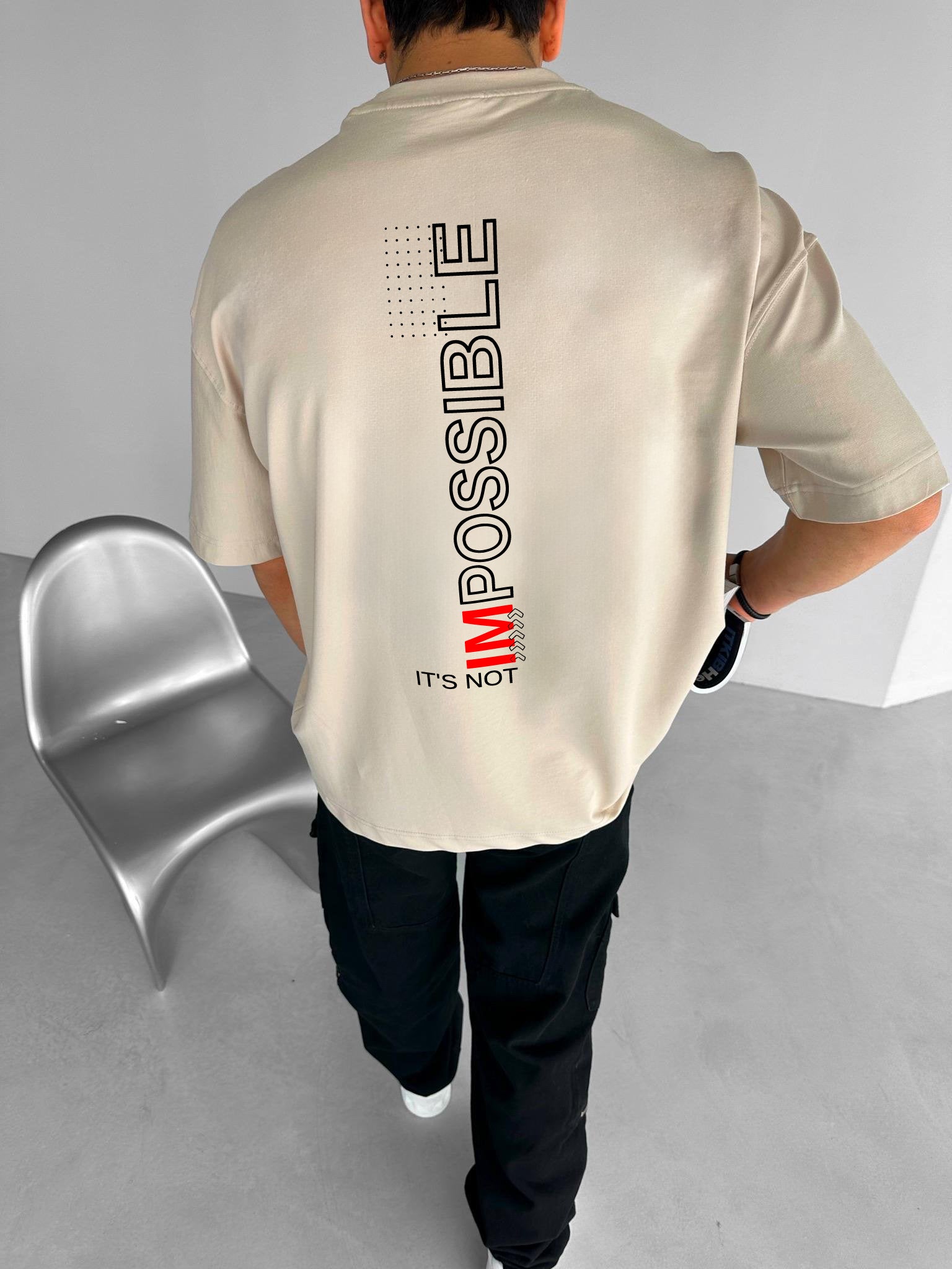 Beige "Impossible" Printed Over size T-Shirt