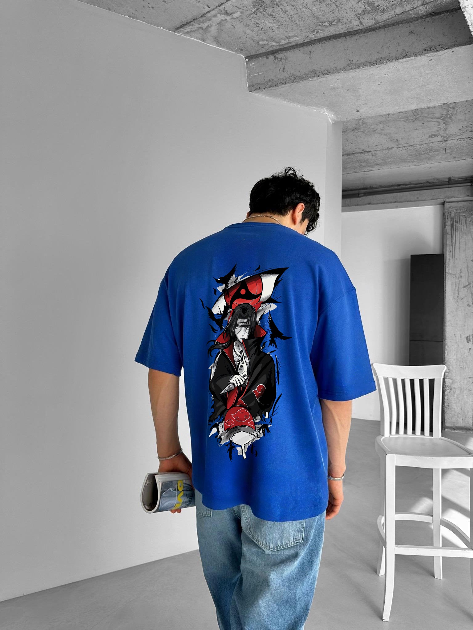 Blue "ITACHI" Printed Over size T-Shirt
