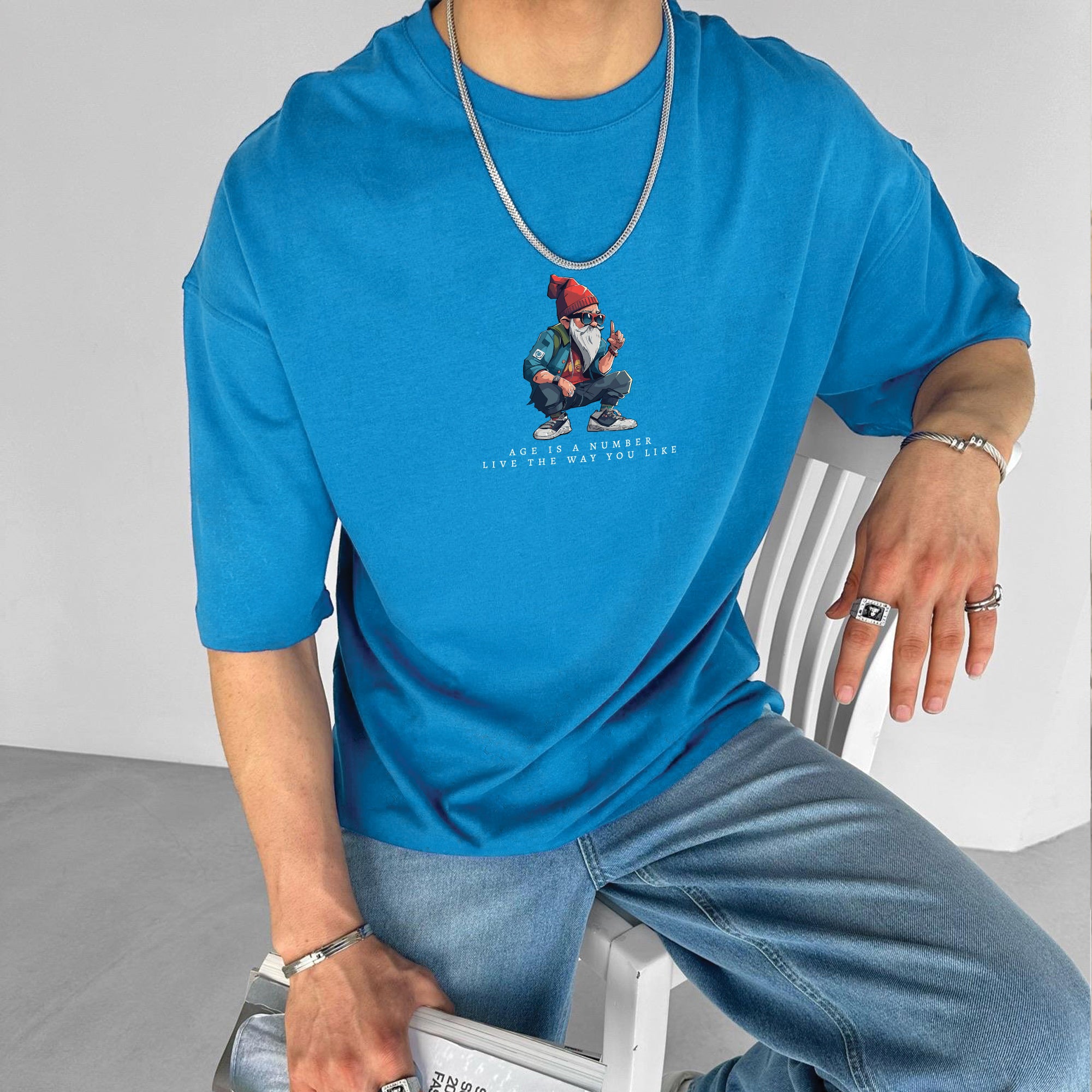 Light Blue "Number" Printed Over size T-Shirt