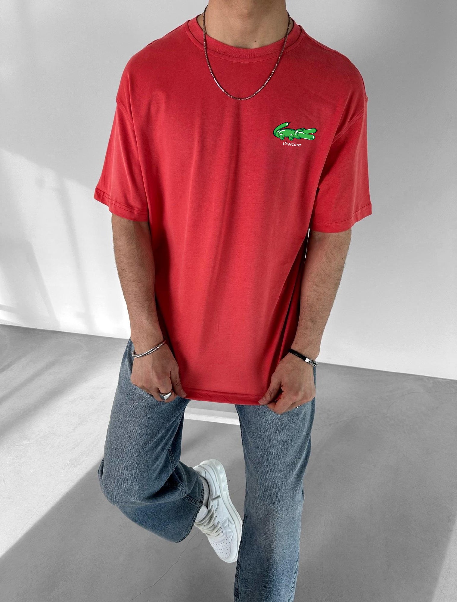 Red "Lowcost 2" Printed Over size T-Shirt