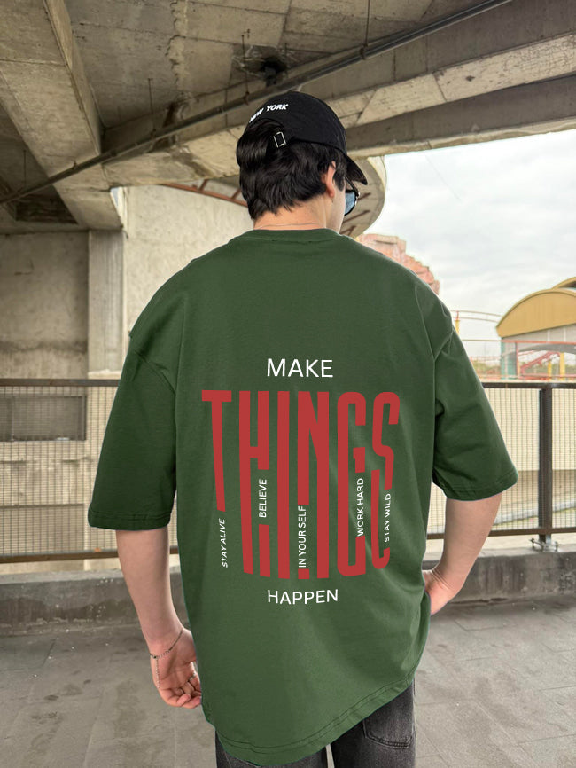 Army Green "Things" Printed Over size T-Shirt