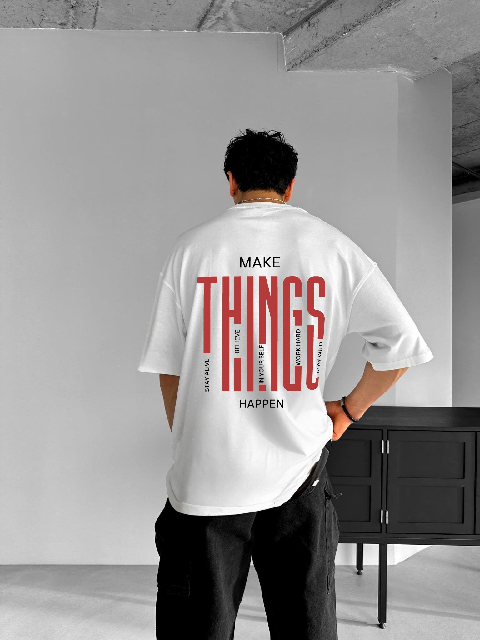 White "Things" Printed Over size T-Shirt