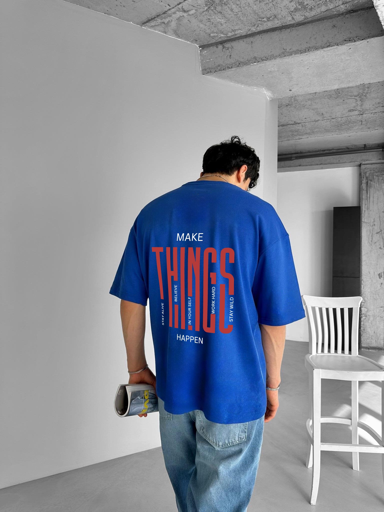 Blue "Things" Printed Over size T-Shirt