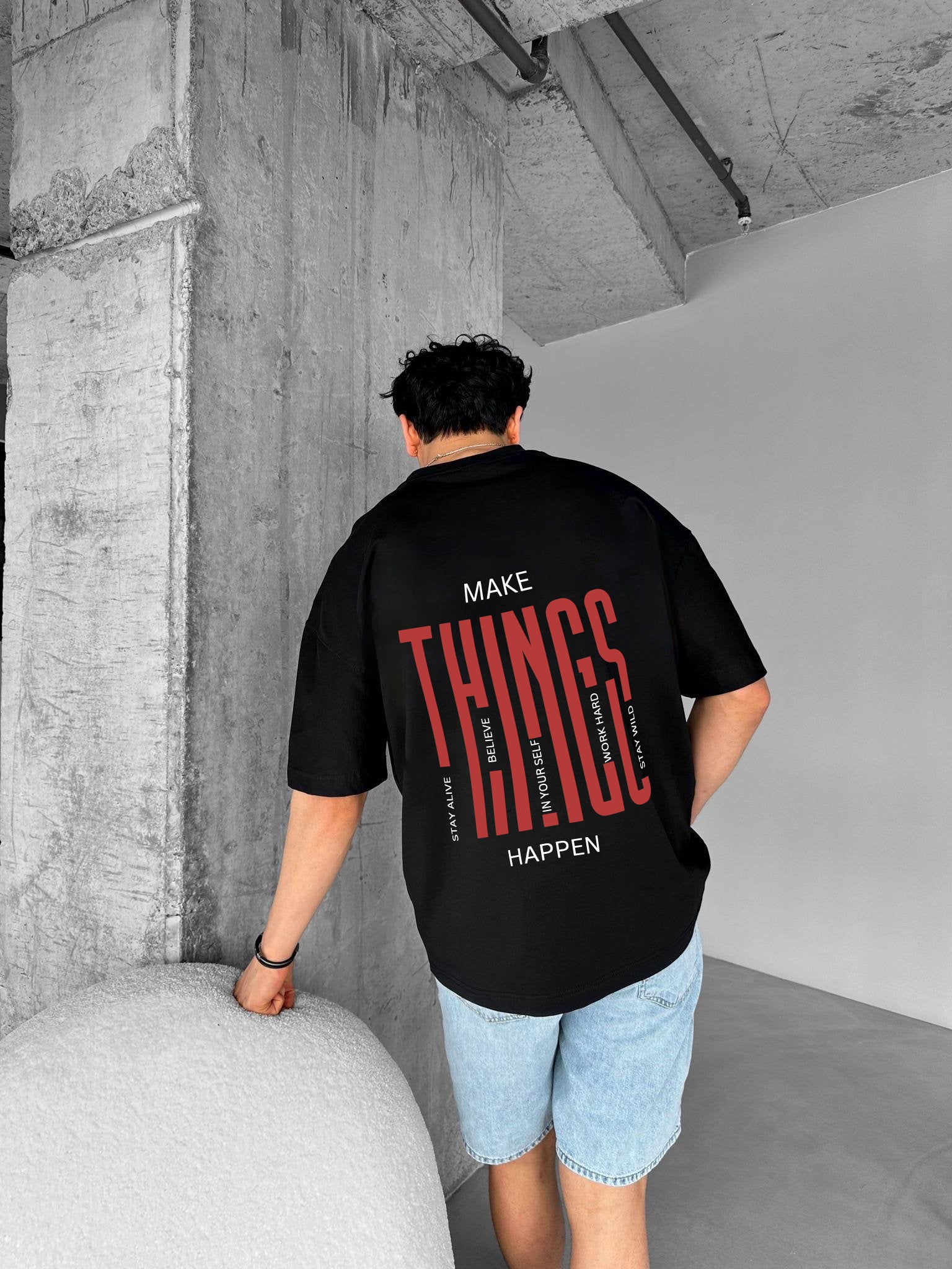 Black "Things" Printed Over size T-Shirt