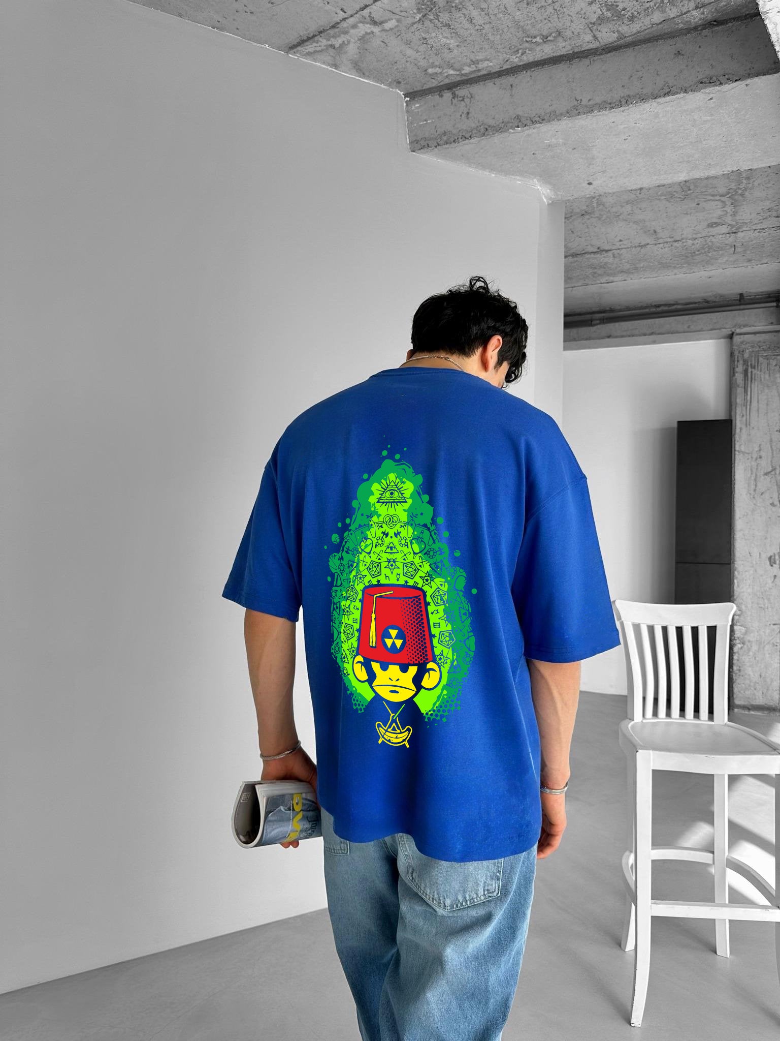 Blue "Monkey Basha" Printed Over size T-Shirt