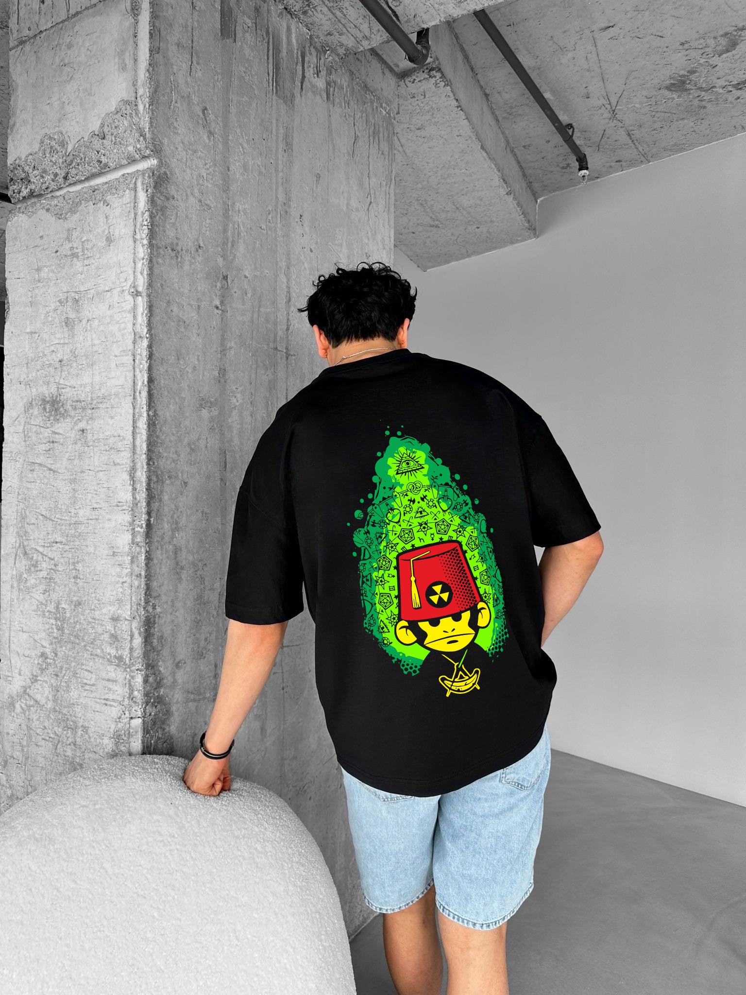 Black "Monkey Basha" Printed Over size T-Shirt