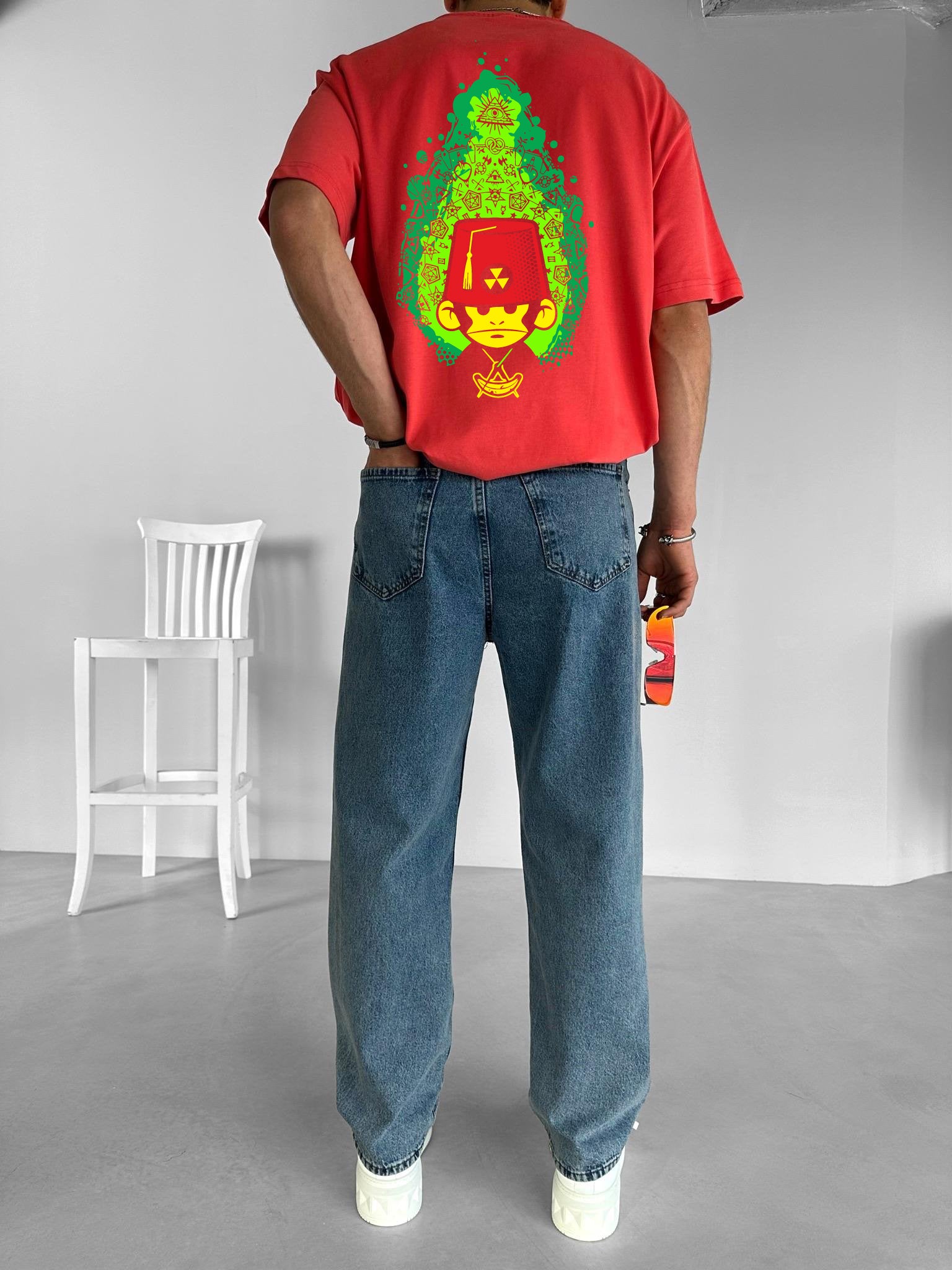 Red "Monkey Basha" Printed Over size T-Shirt