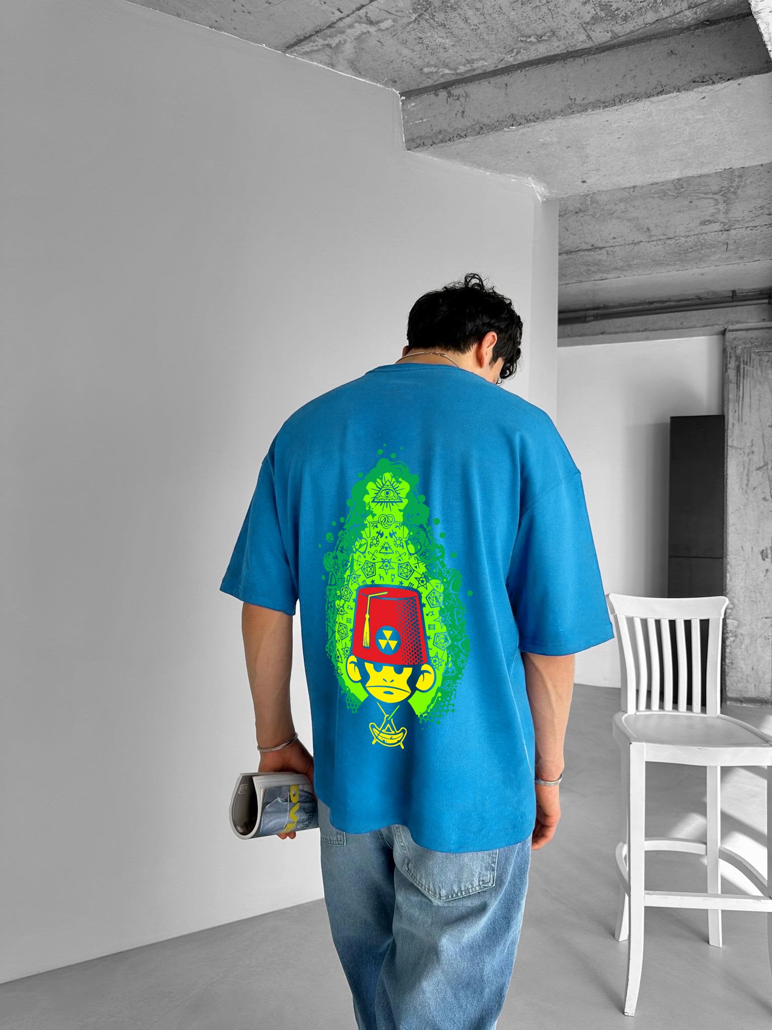 Light Blue "Monkey Basha" Printed Over size T-Shirt