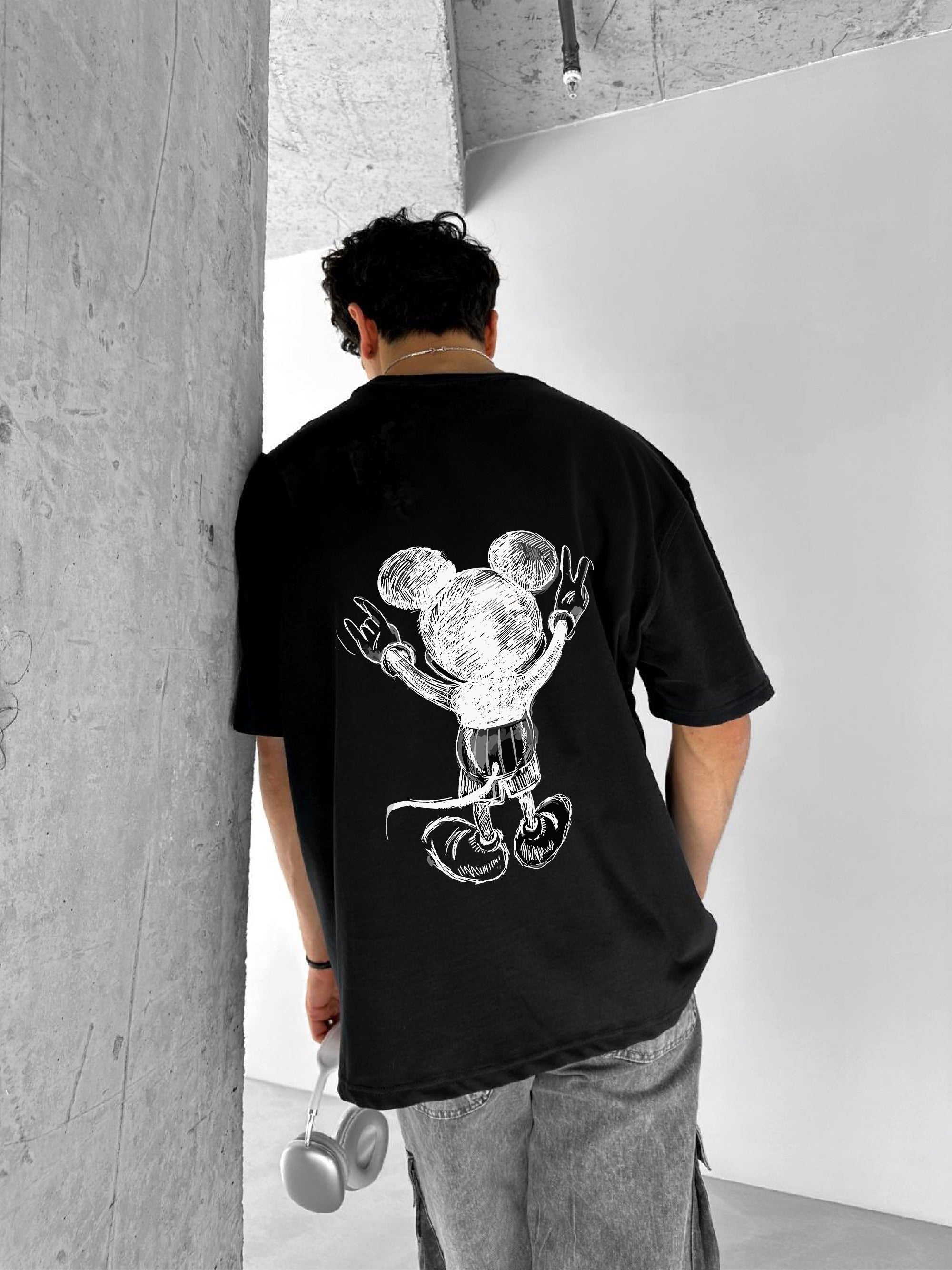 Black "Mouse" Printed Over size T-Shirt