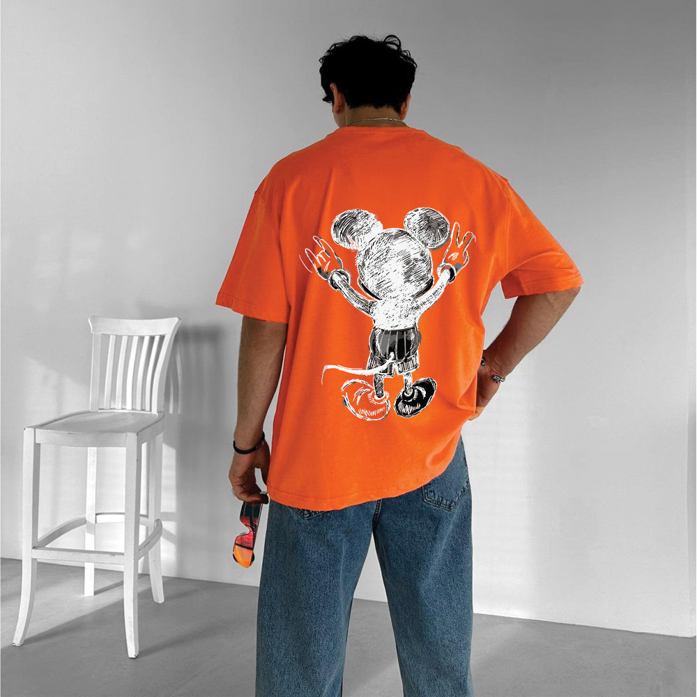 Orange "Mouse" Printed Over size T-Shirt