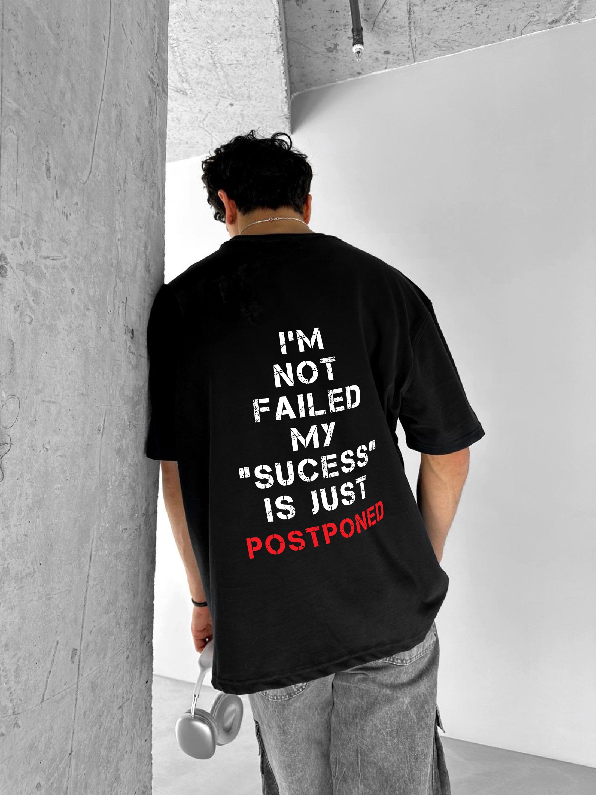 Black "Postponed" Printed Over size T-Shirt