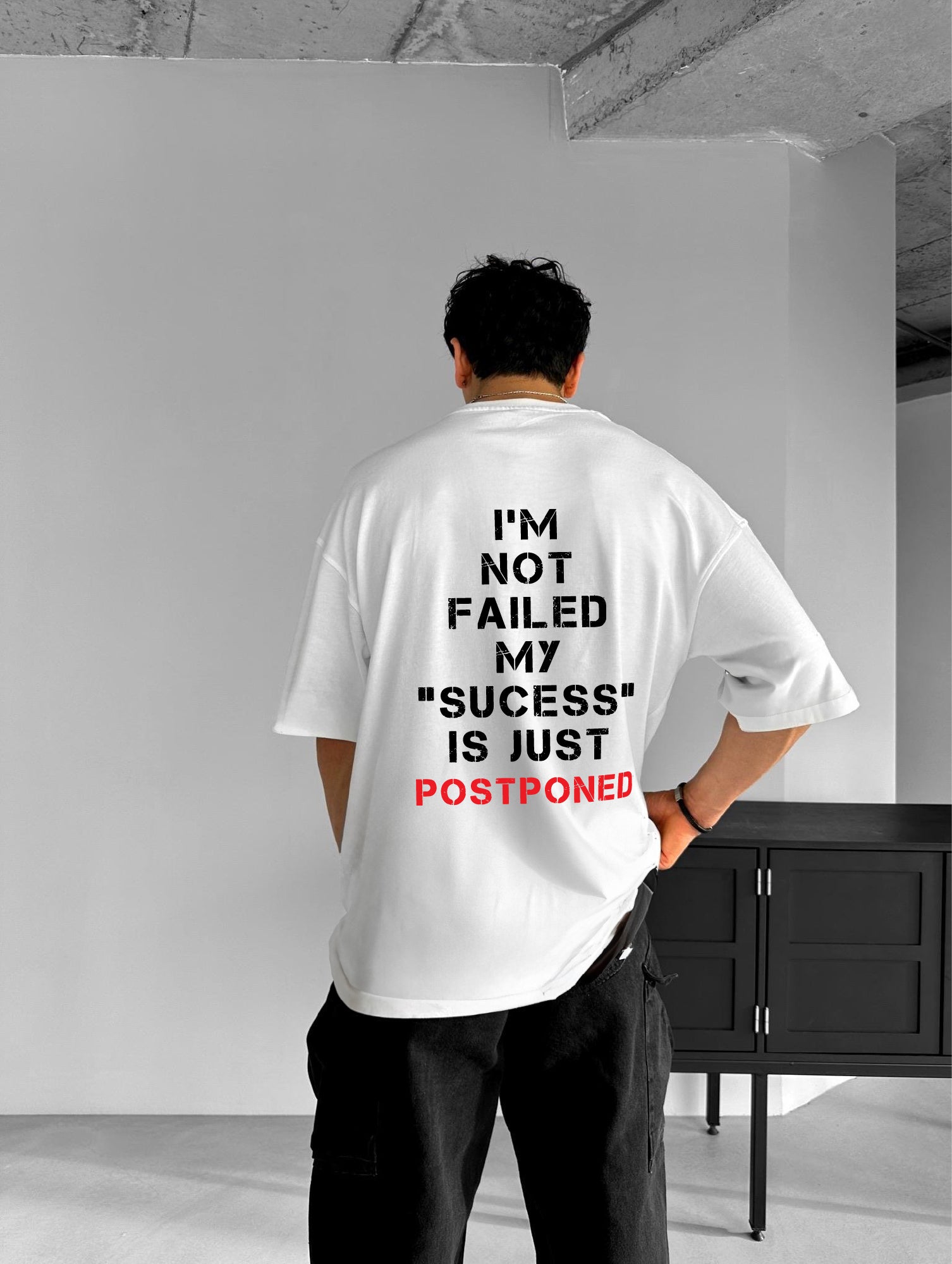 White "Postponed" Printed Over size T-Shirt