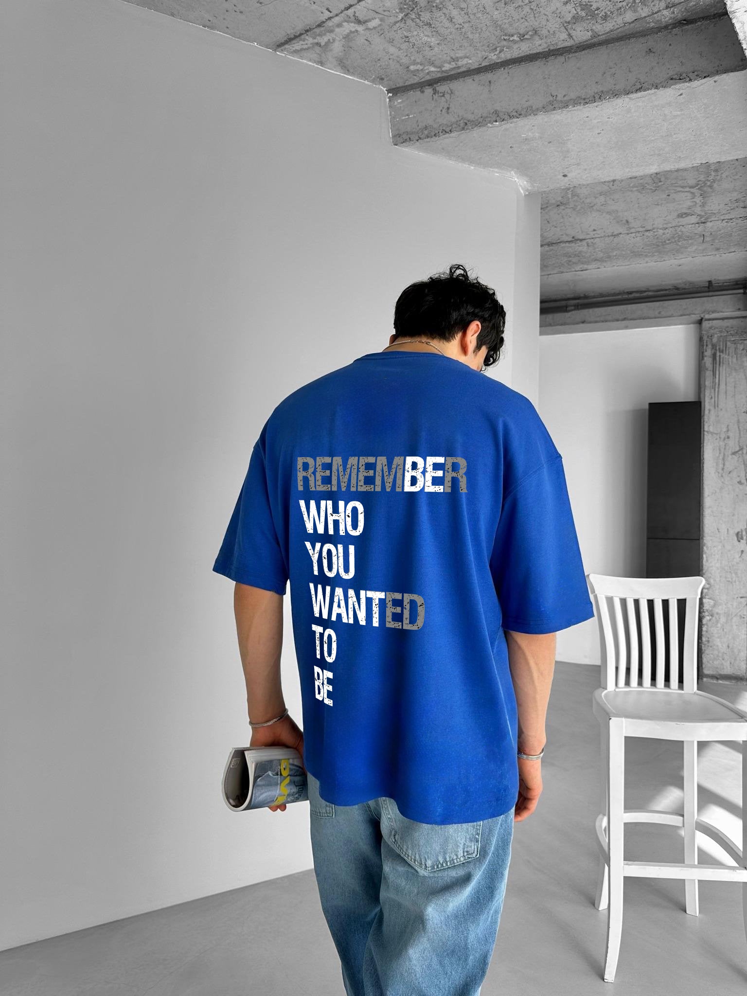 Blue "Remember" Printed Over size T-Shirt