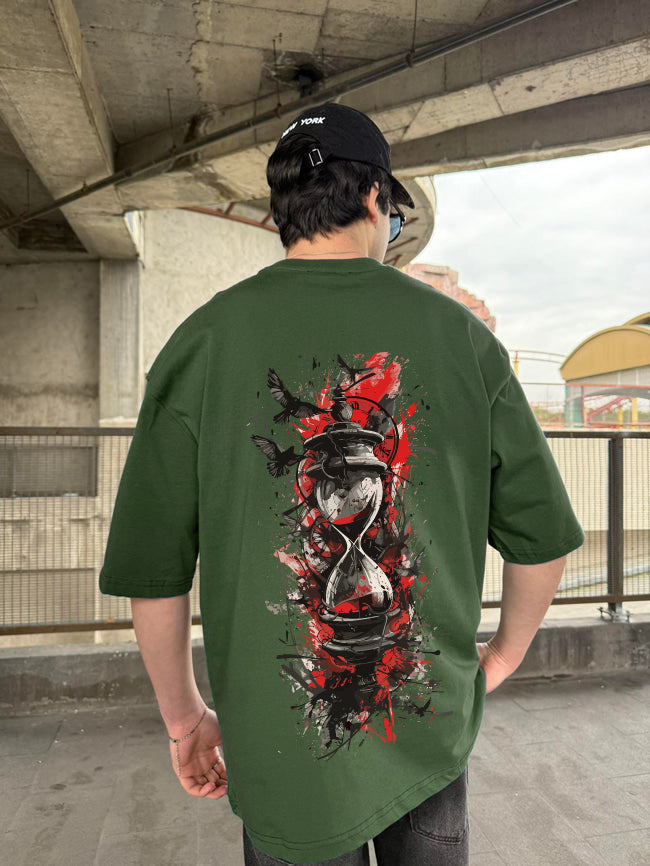 Army Green "The Last Hour" Printed Over size T-Shirt