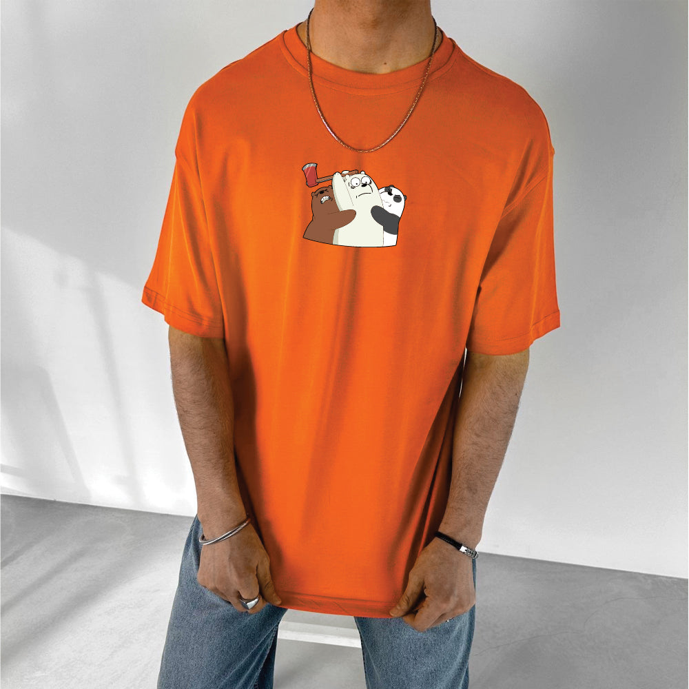 Orange "Three Bears" Printed Over size T-Shirt