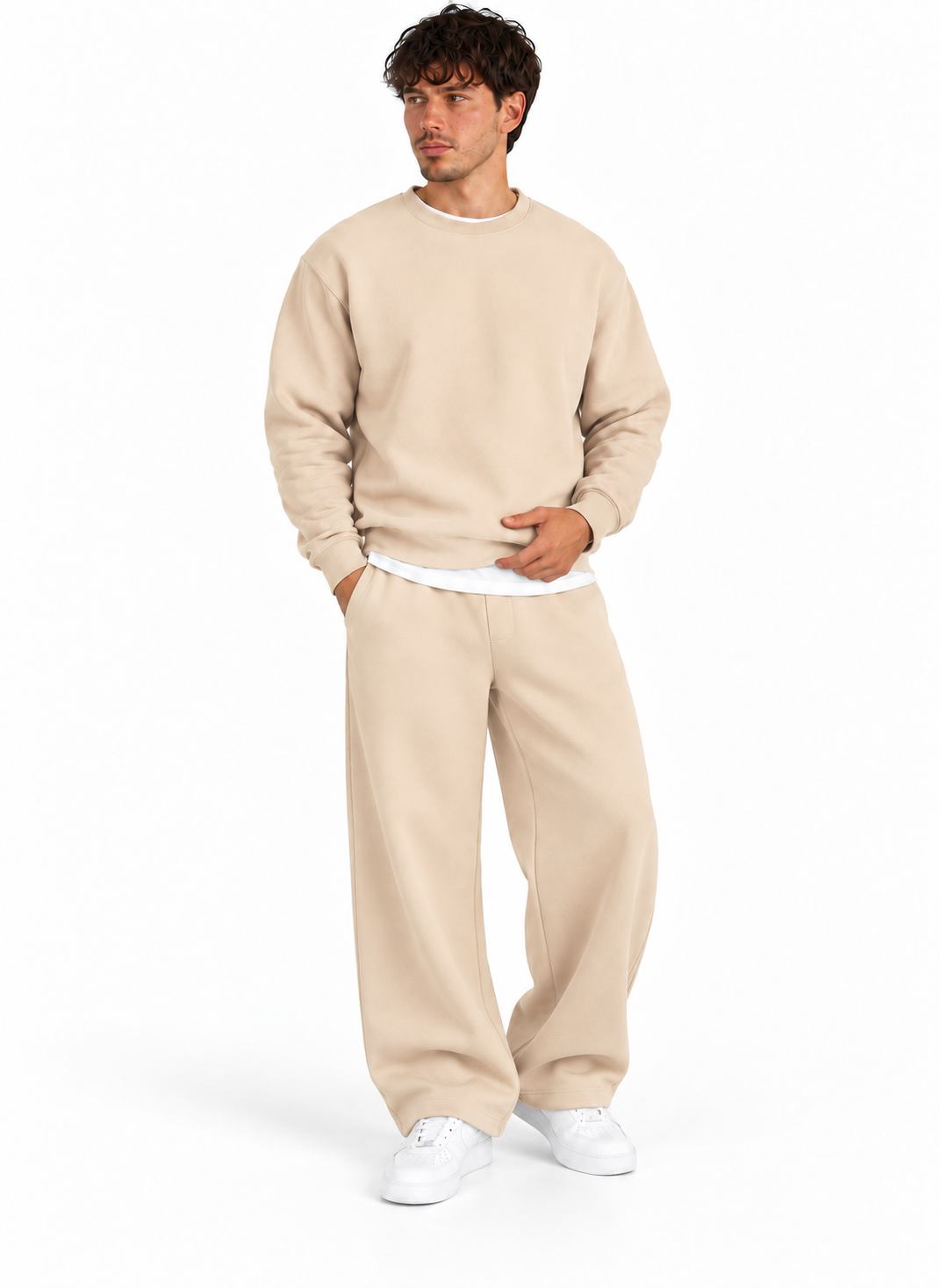 Oversize Beige Crew Neck Basic Sweatshirt