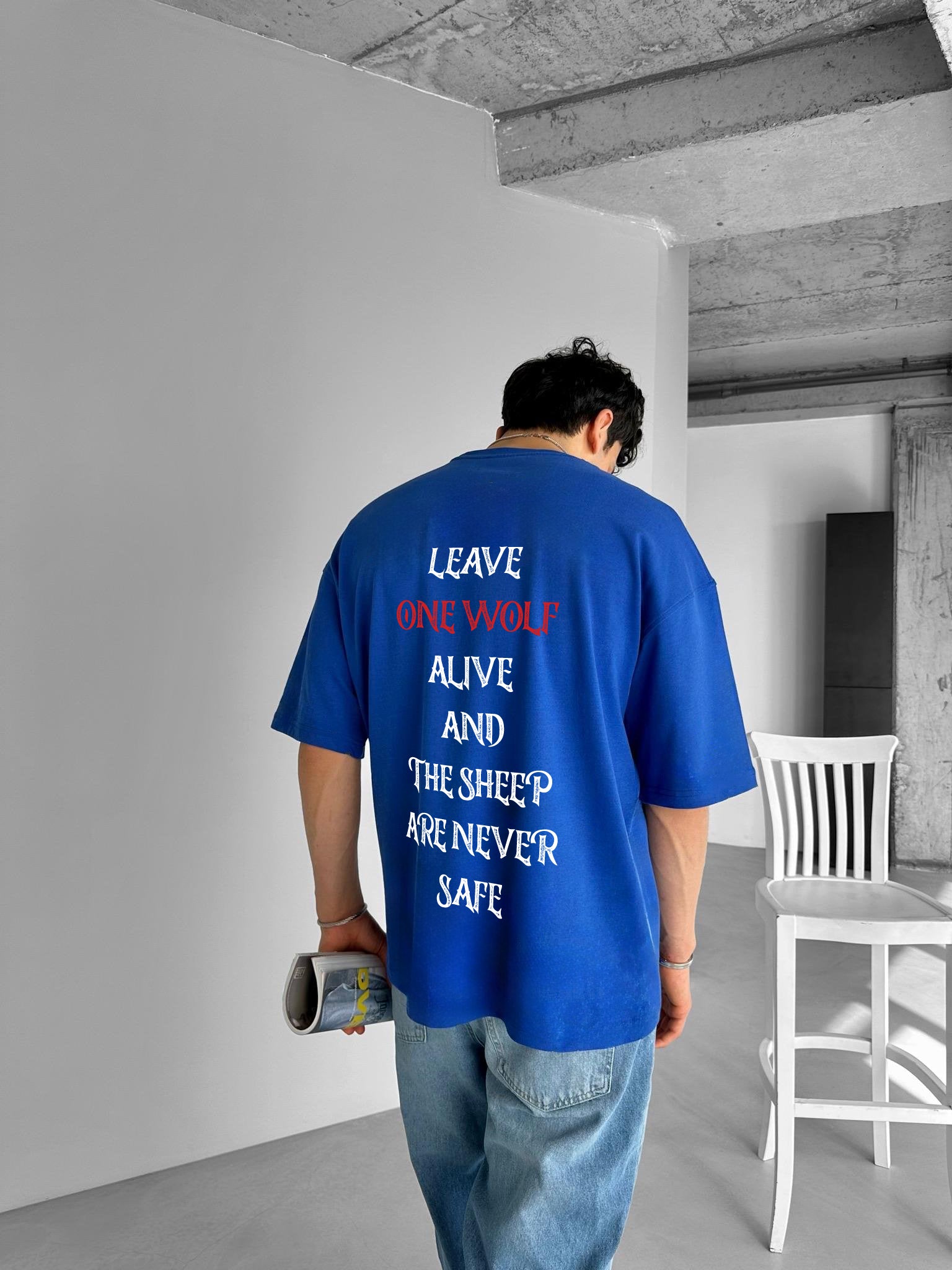 Blue "Wolf" Printed Over size T-Shirt
