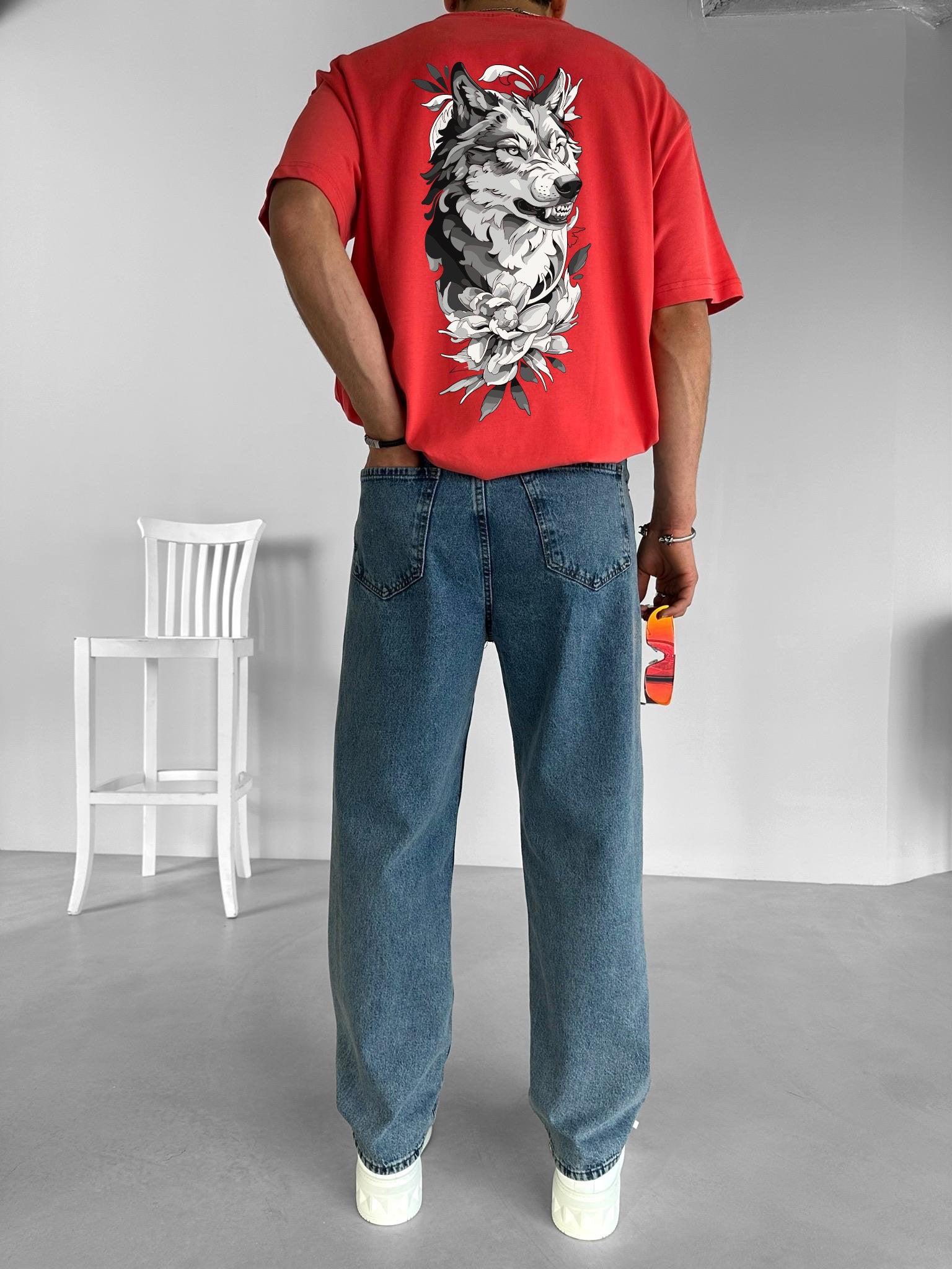 Red "Wolf Flow" Printed Over size T-Shirt