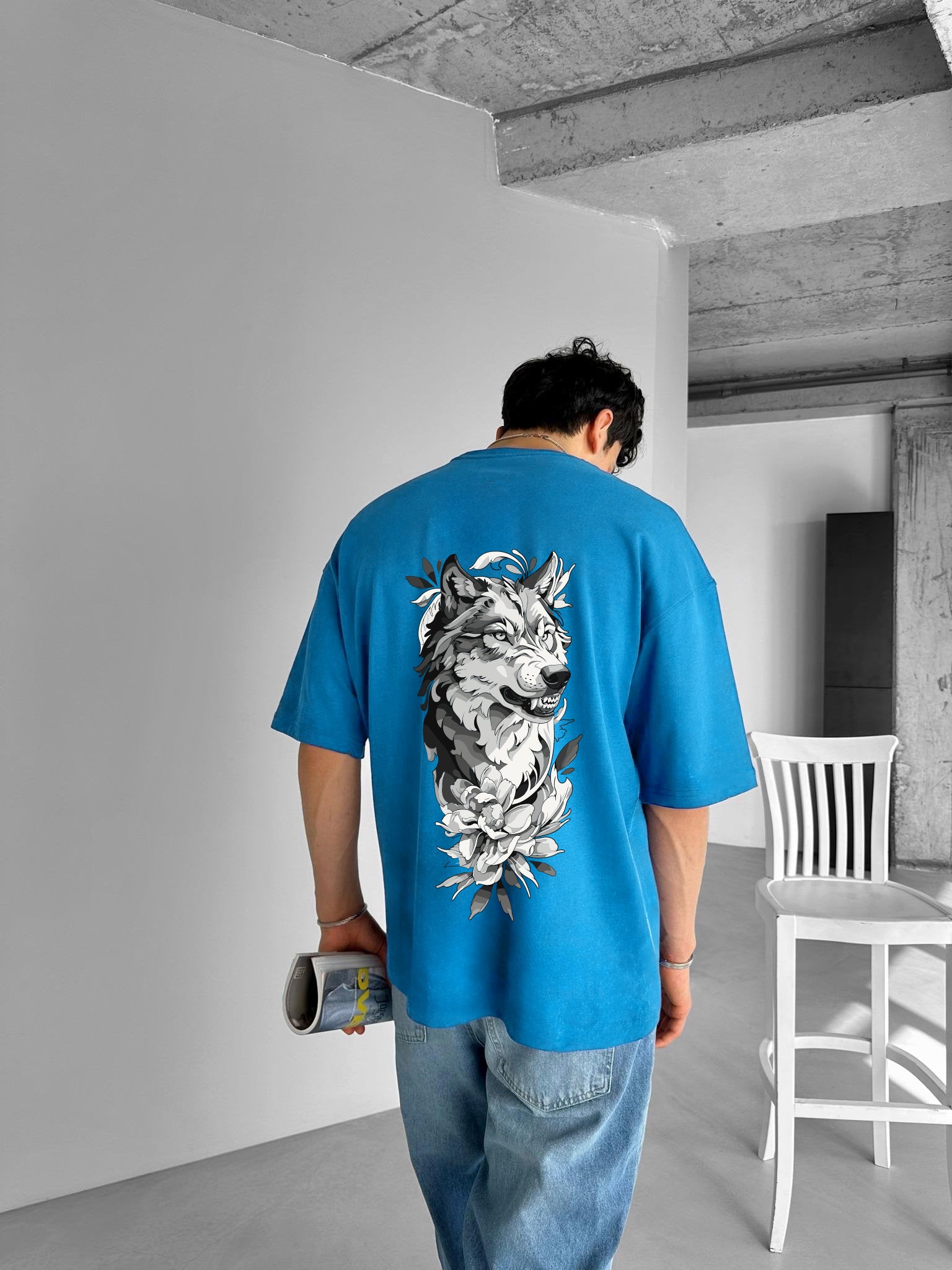 Light Blue "Wolf Flow" Printed Over size T-Shirt