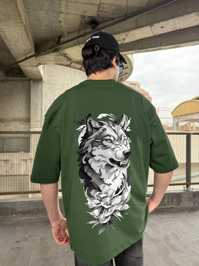 Army Green "Wolf Flow" Printed Over size T-Shirt
