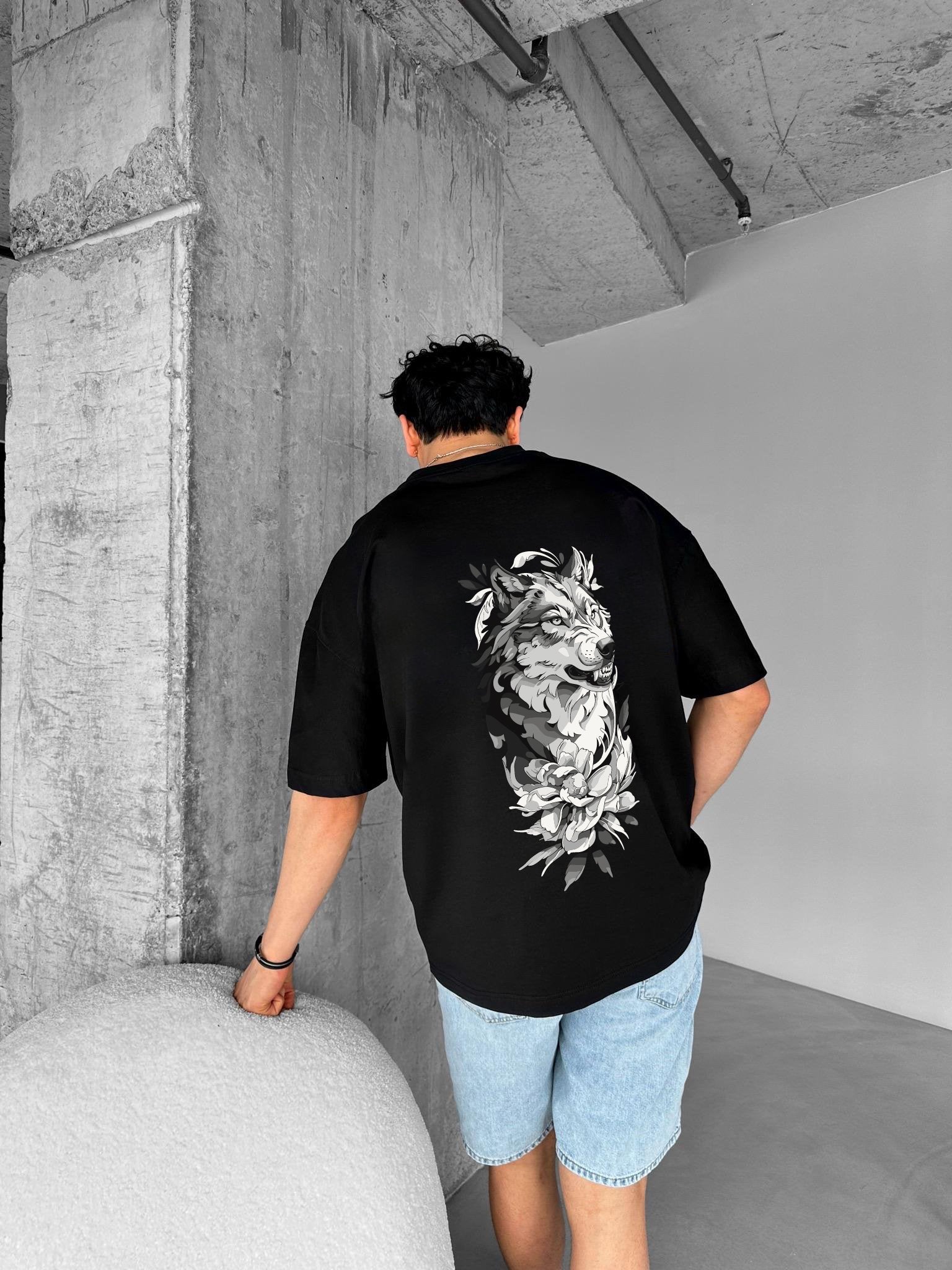 Black "Wolf Flow" Printed Over size T-Shirt