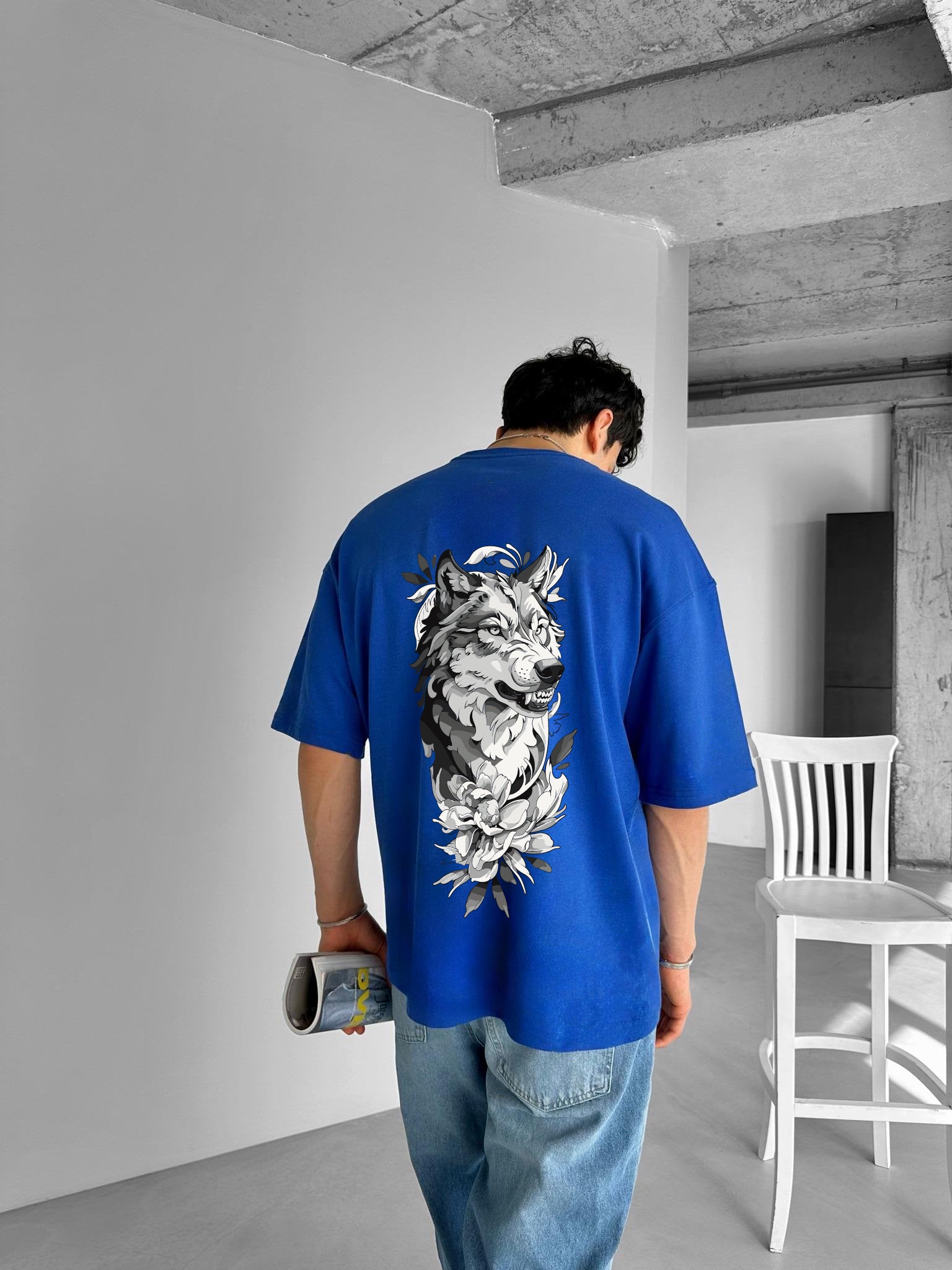 Blue "Wolf Flow" Printed Over size T-Shirt
