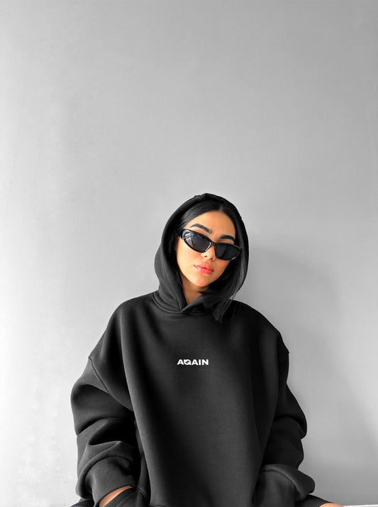 Black "Again" Printed Oversize Hoodie