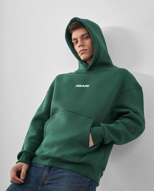 Dark Green "Again" Printed Oversize Hoodie