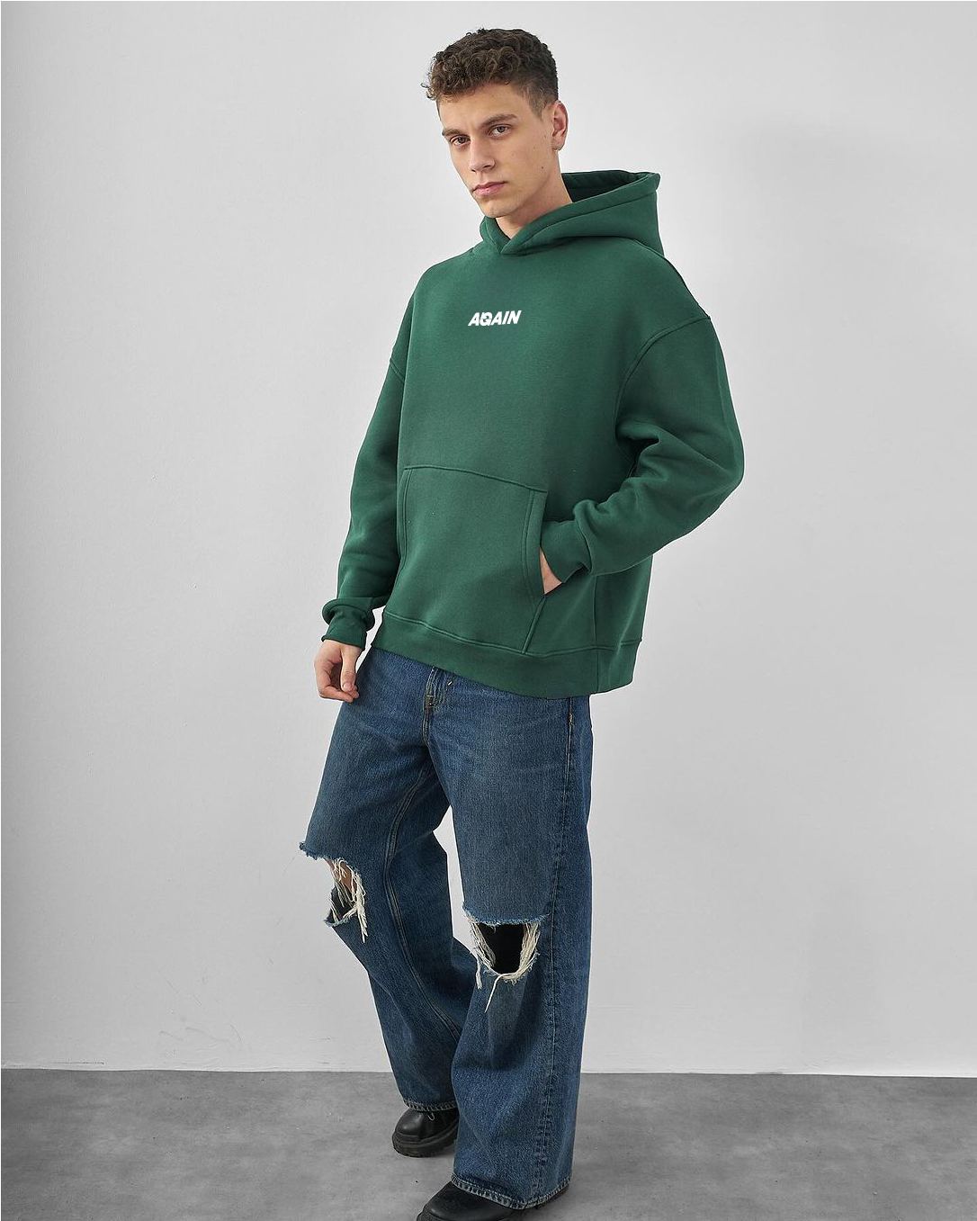 Dark Green "Again" Printed Oversize Hoodie