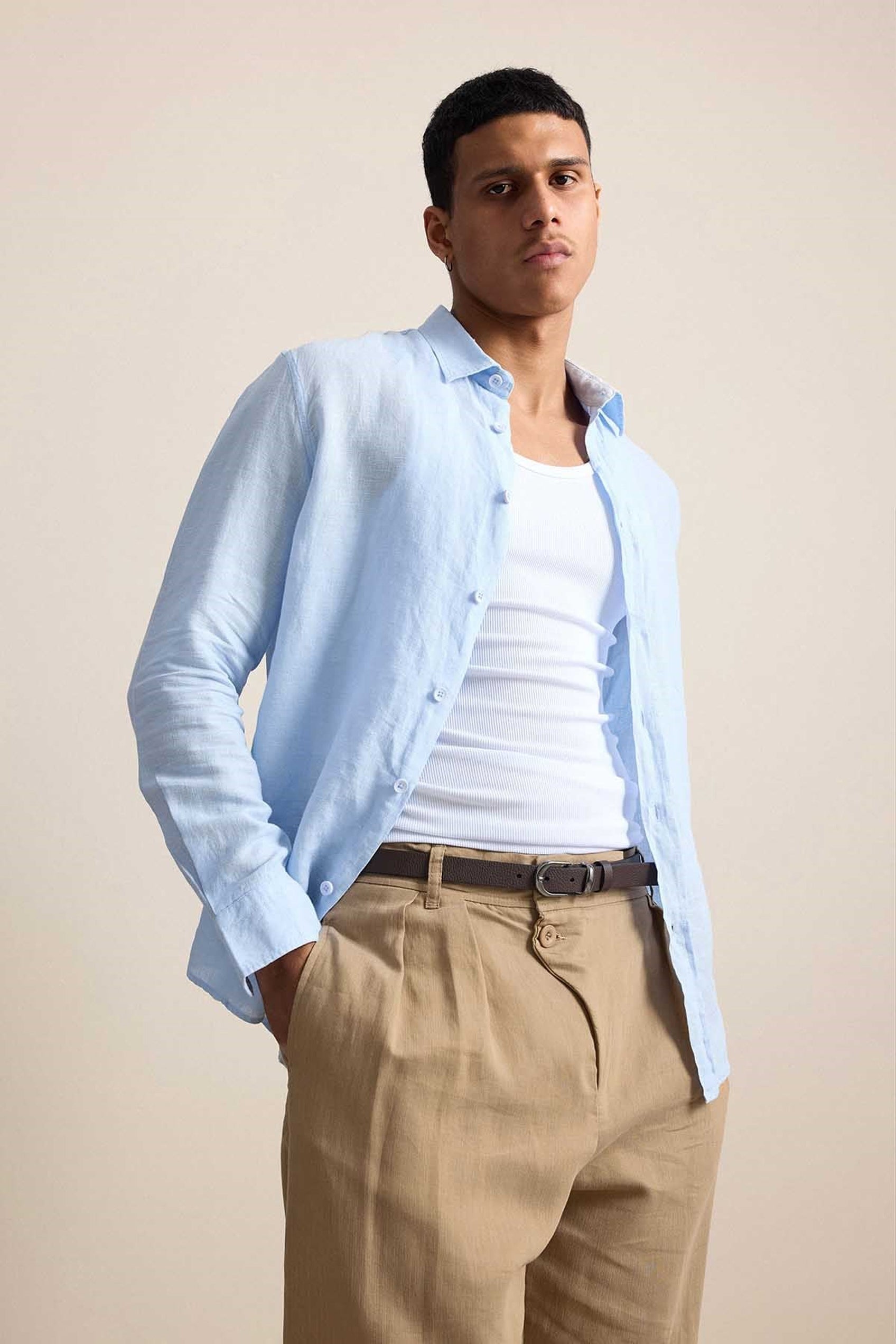 Long-Sleeve Linen Shirt Light Blue