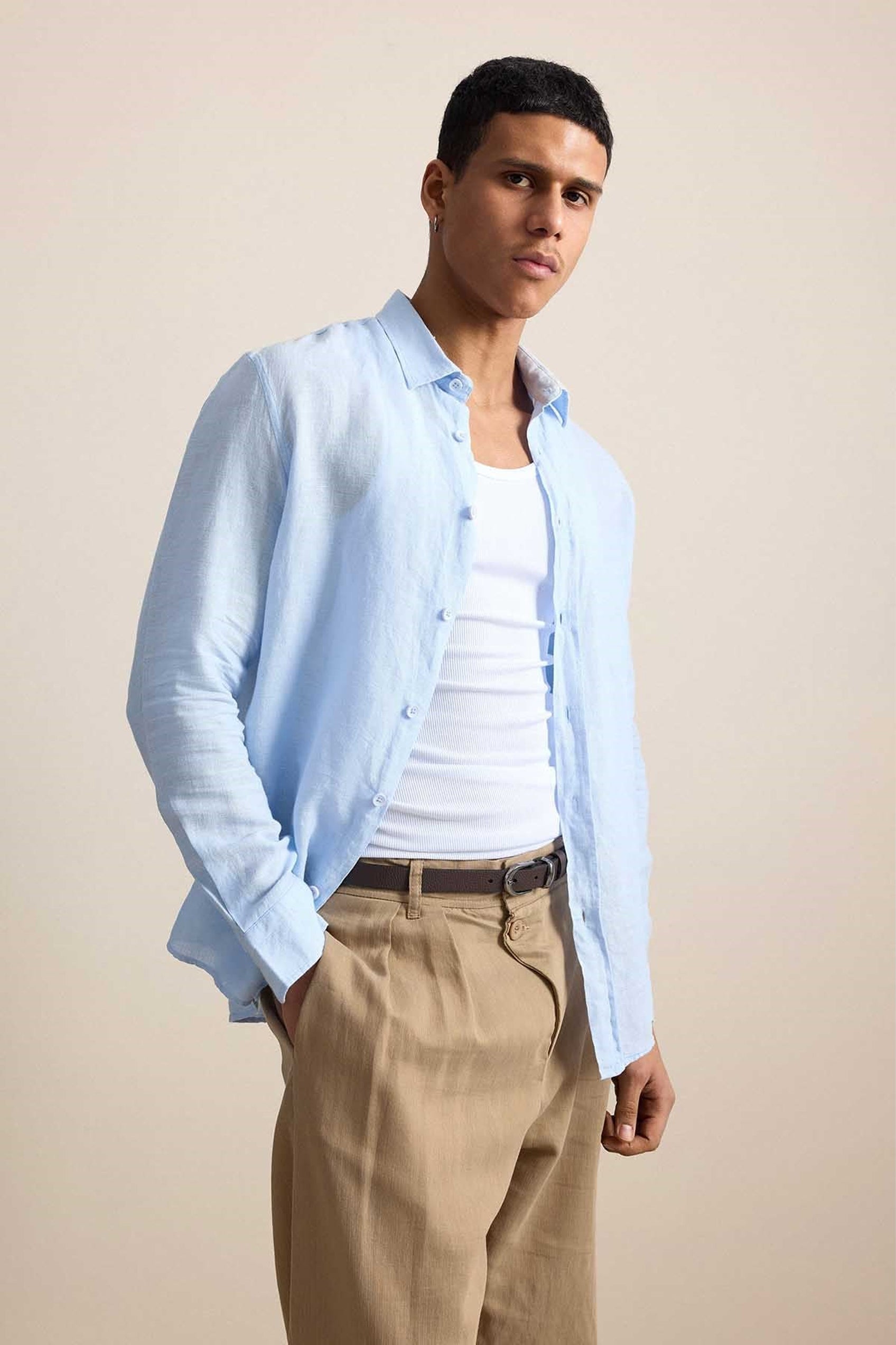Long-Sleeve Linen Shirt Light Blue
