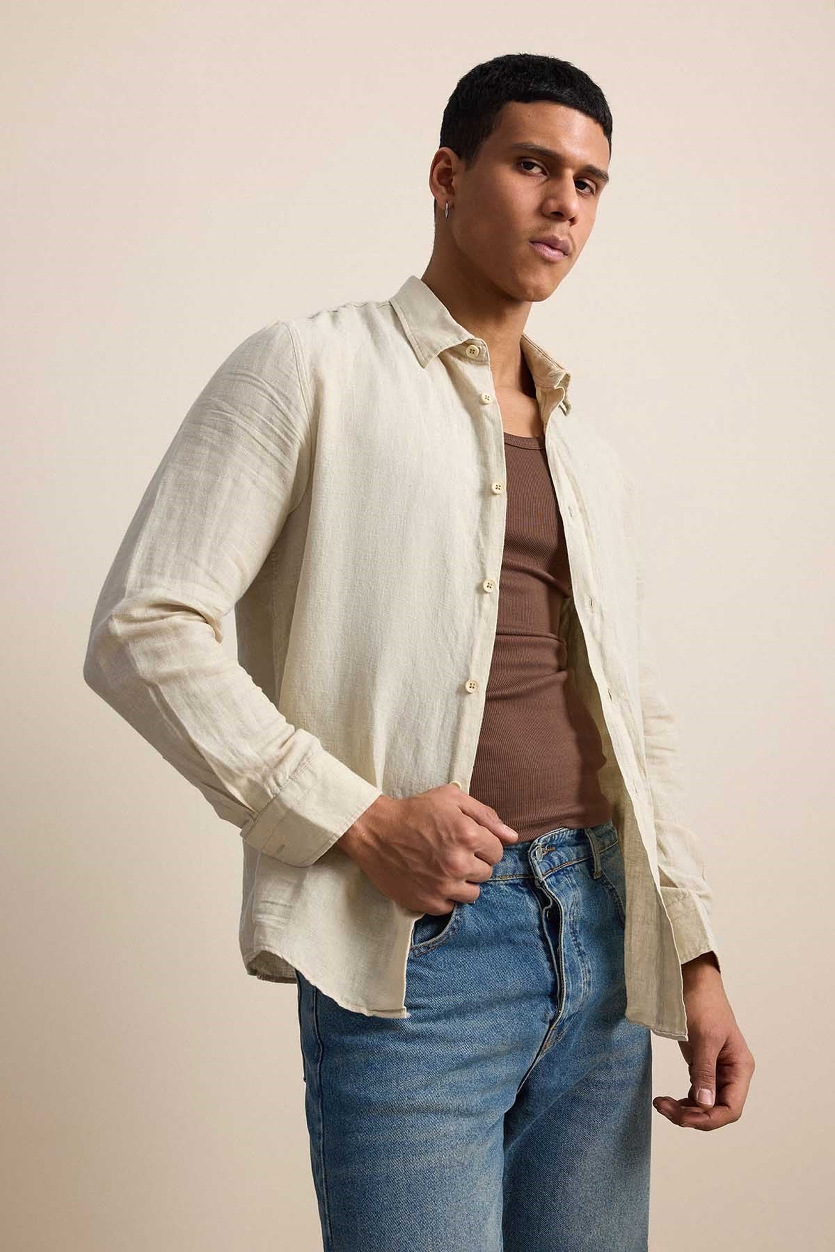 Long-Sleeve Linen Shirt Beige