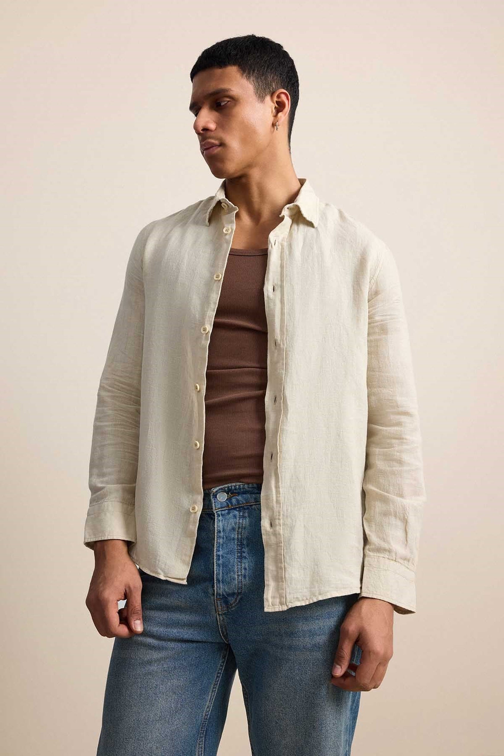 Long-Sleeve Linen Shirt Beige