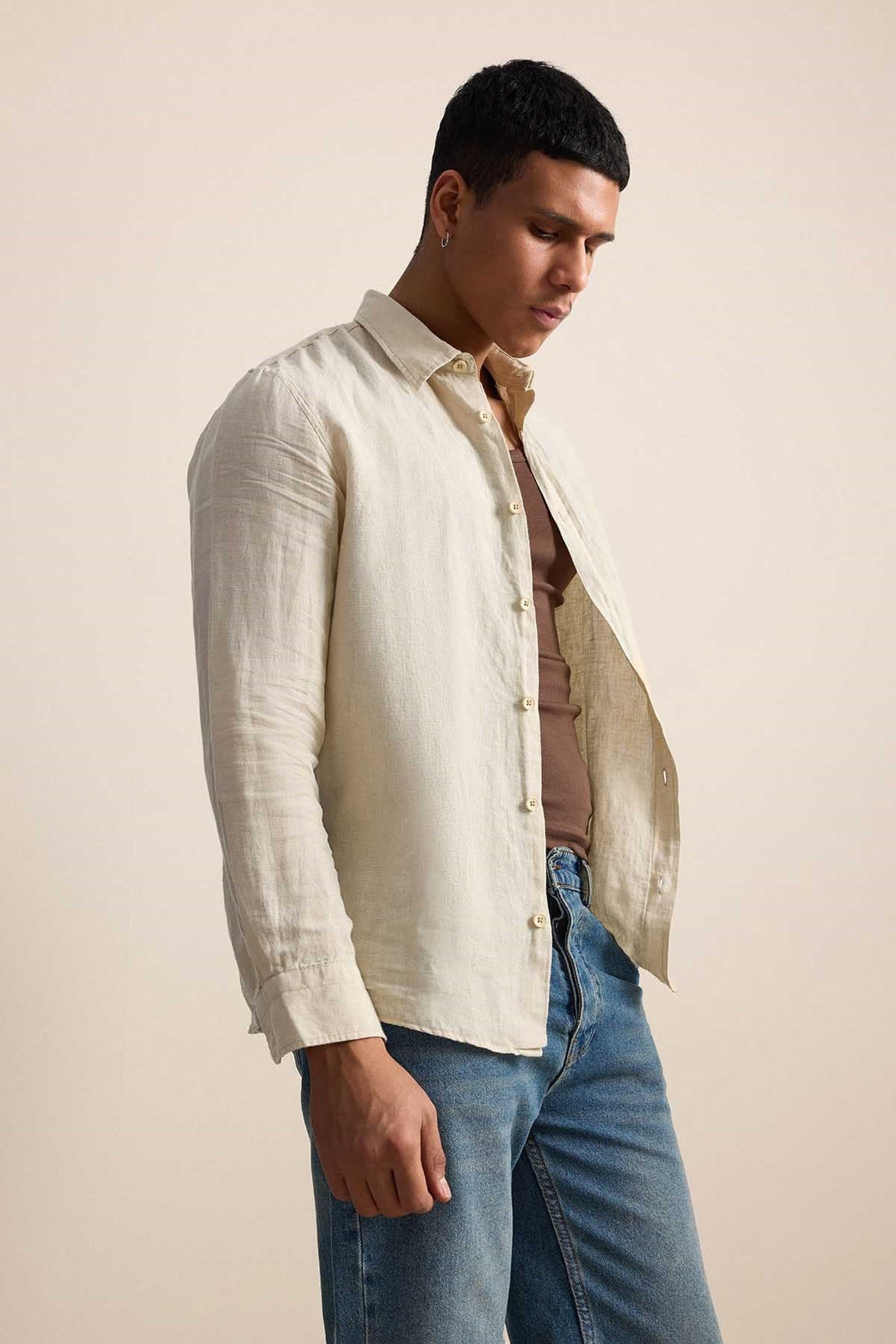 Long-Sleeve Linen Shirt Beige