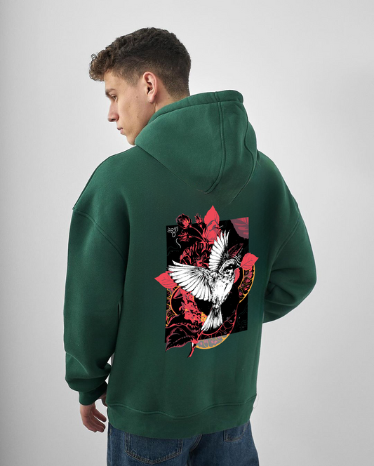 Dark Green "Bird" Printed Oversize Hoodie