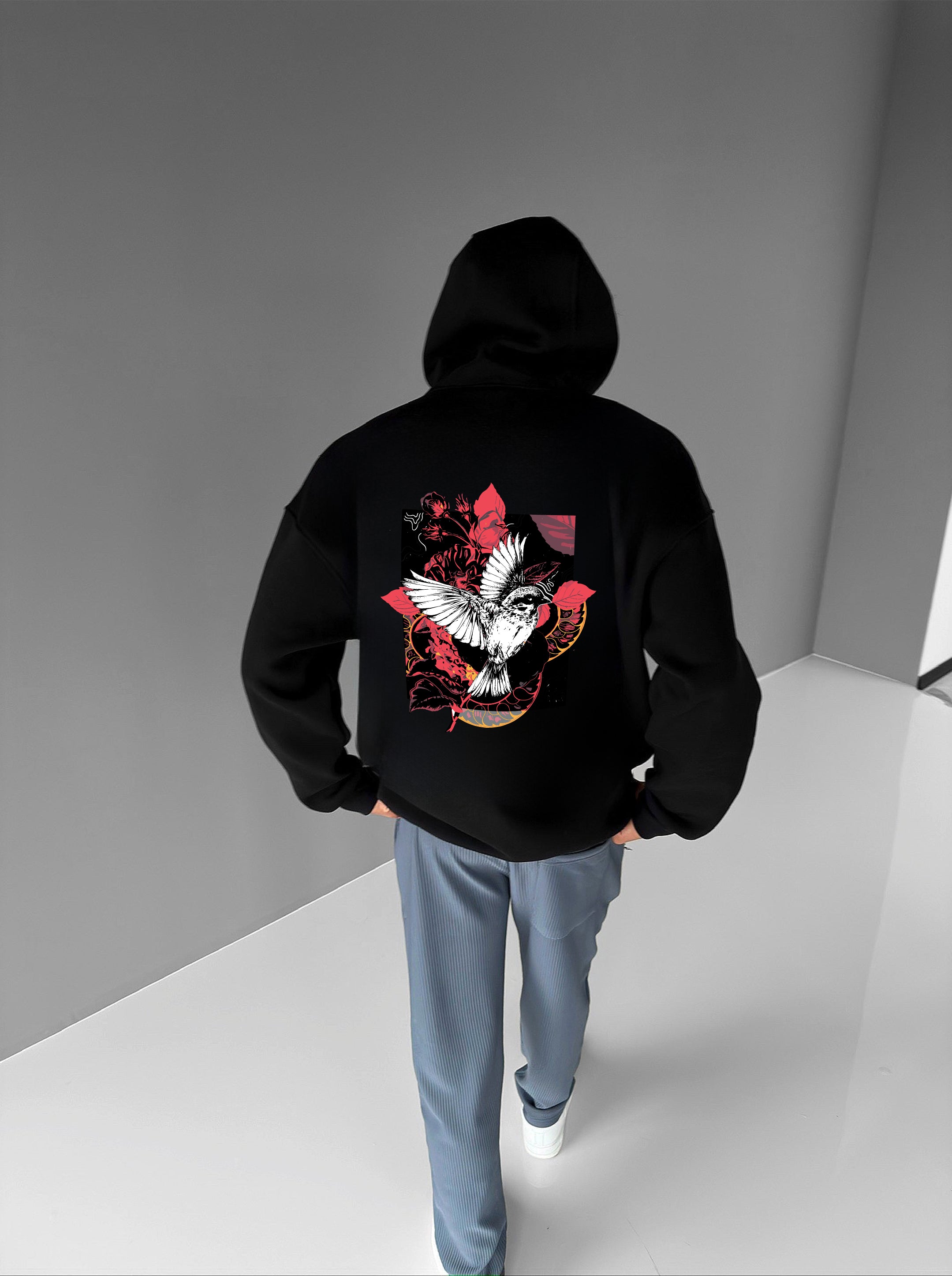 Black "Bird" Printed Oversize Hoodie