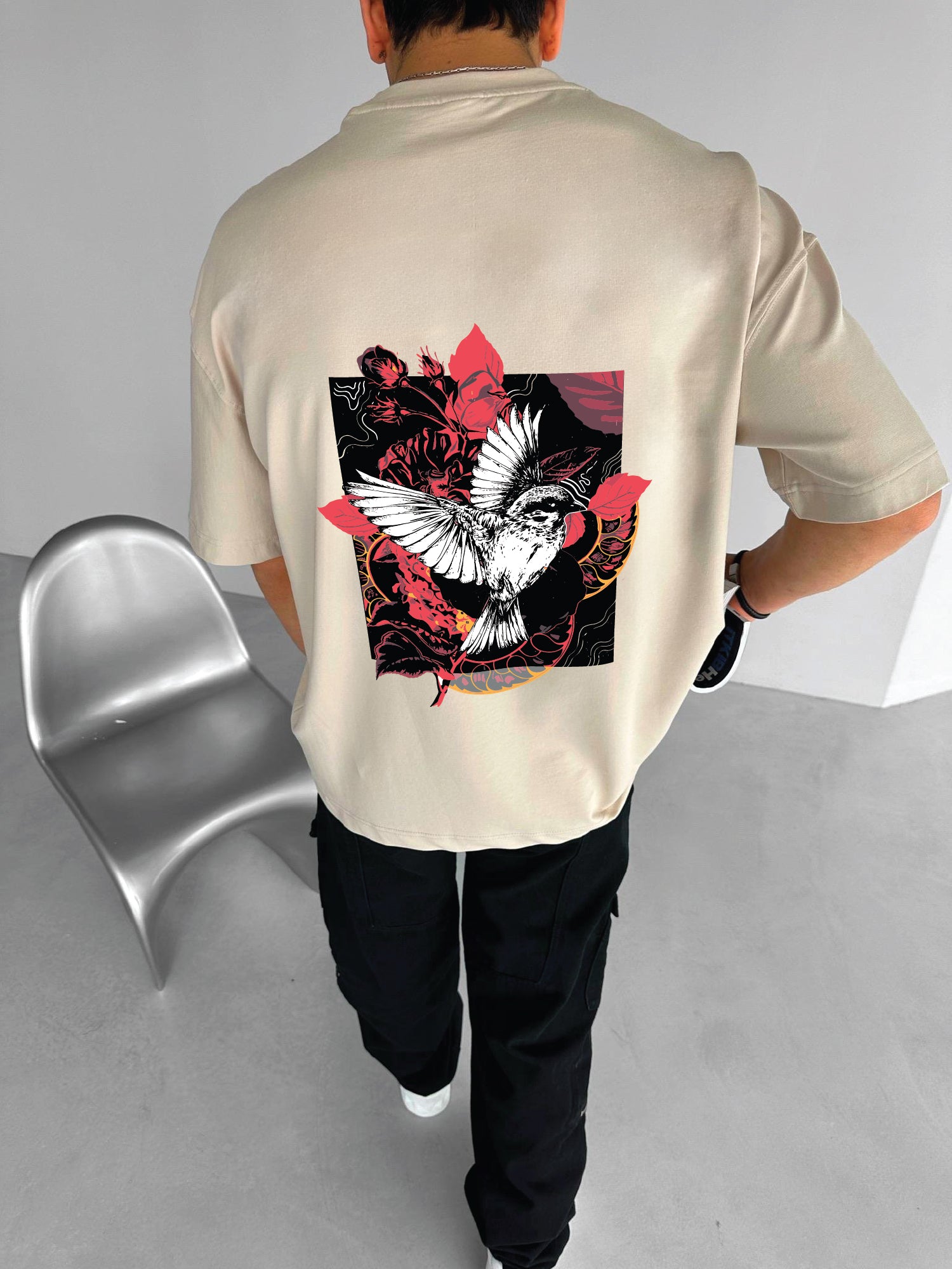 Beige "Bird" Printed Over size T-Shirt