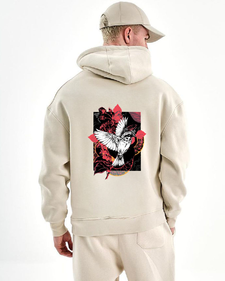 Beige "Bird" Printed Oversize Hoodie