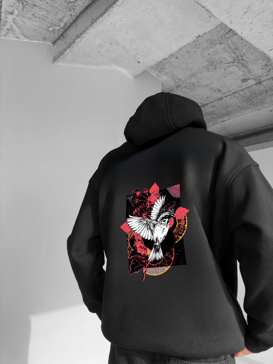 Black "Bird" Printed Oversize Hoodie