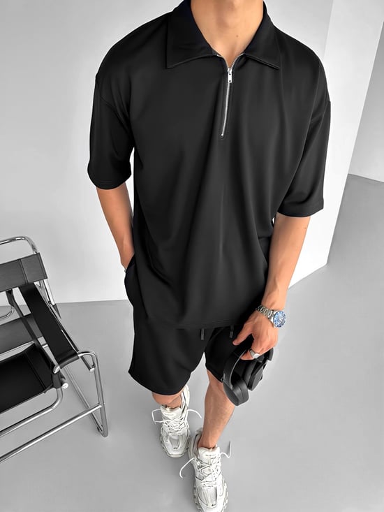Black Basic Half Zipper T-Shirt