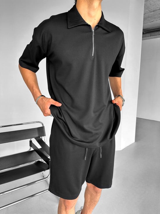 Black Basic Half Zipper T-Shirt