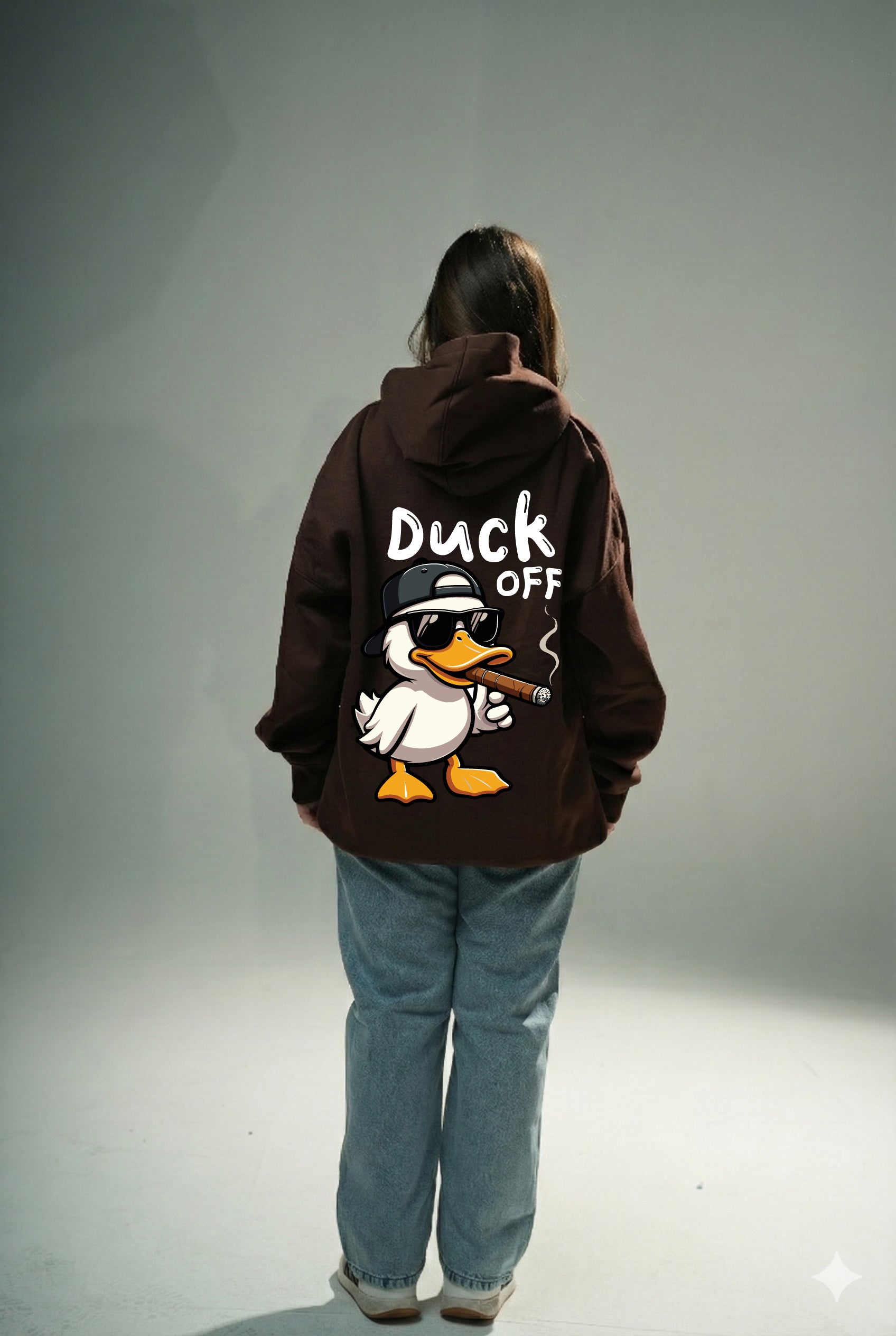 Brown "Duck Off" Printed Oversize Hoodie