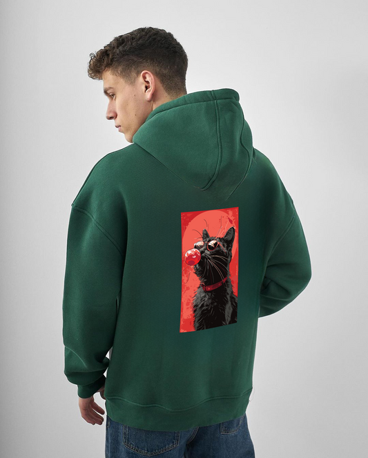 Dark Green "Cool Cat" Printed Oversize Hoodie